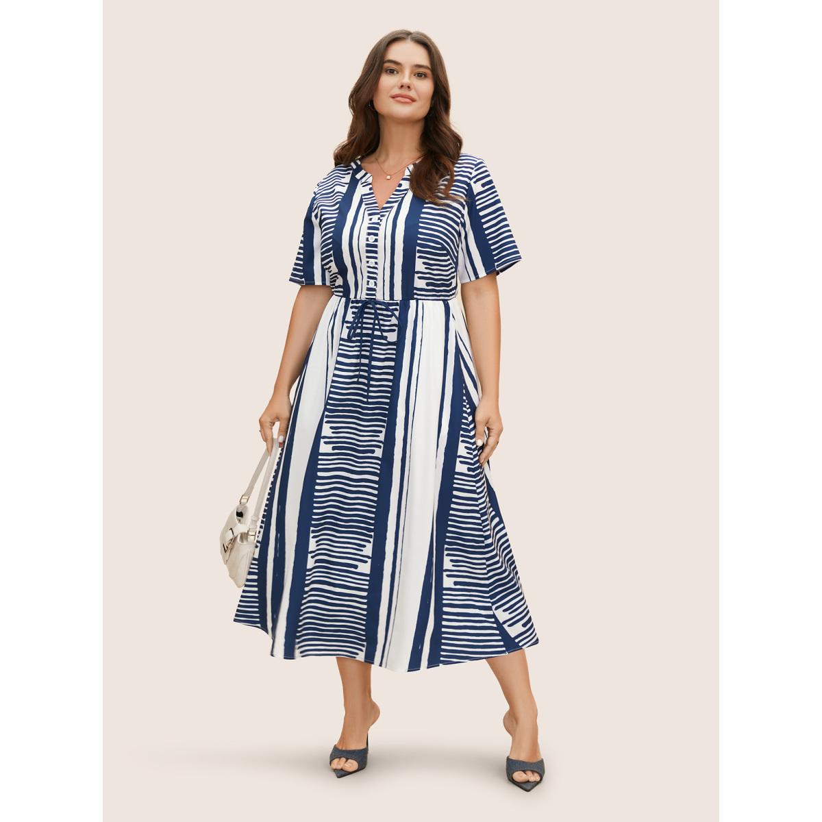 Plus Size Notched Collar Striped Patchwork Drawstring Dress DarkBlue Women At the Office Tie knot Notched collar Short sleeve Curvy BloomChic 14-16/1X Product Image