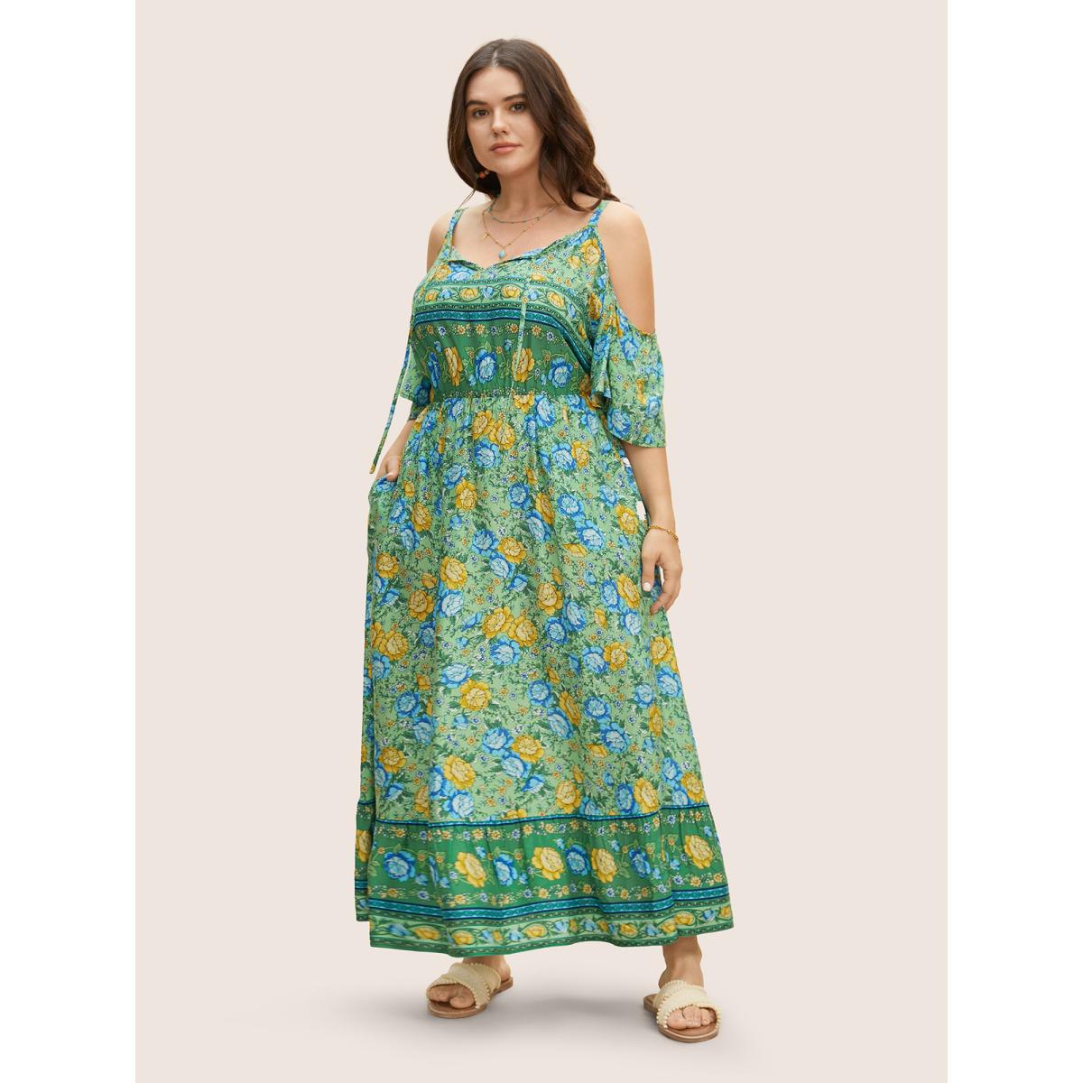 Plus Size Floral Print Pocket Keyhole Ruffles Cold Shoulder Maxi Dress Malachitegreen Women Resort Non Non Half Sleeve Curvy Long Dress BloomChic 14-16/1X Product Image