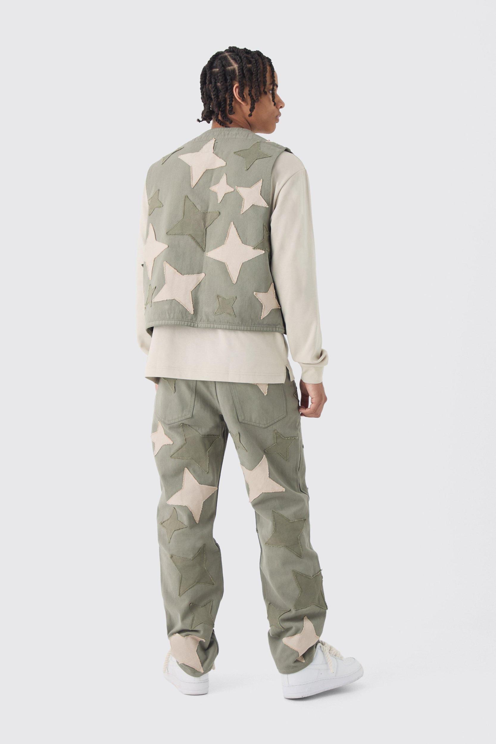 Relaxed Fit Star Patchwork Applique Jeans | boohooMAN USA Product Image