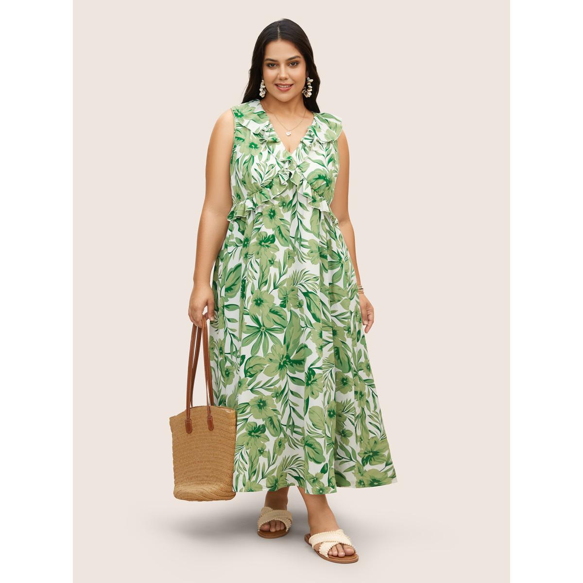 Plus Size Tropical Leafy Print Wide Collar Ruffles Dress Green Women Resort Ruffles V-neck Sleeveless Curvy BloomChic 12/L Product Image