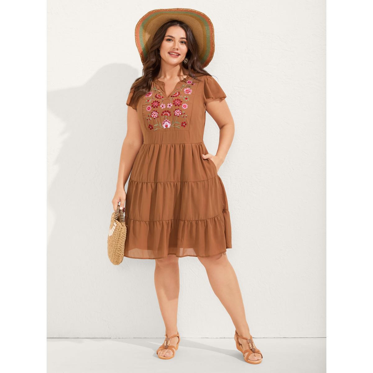 Plus Size Chiffon Floral Embroidered Tiered Midi Dress Bronze Women Boho Embroidered Notched collar Cap Sleeve Curvy BloomChic 10/M Product Image