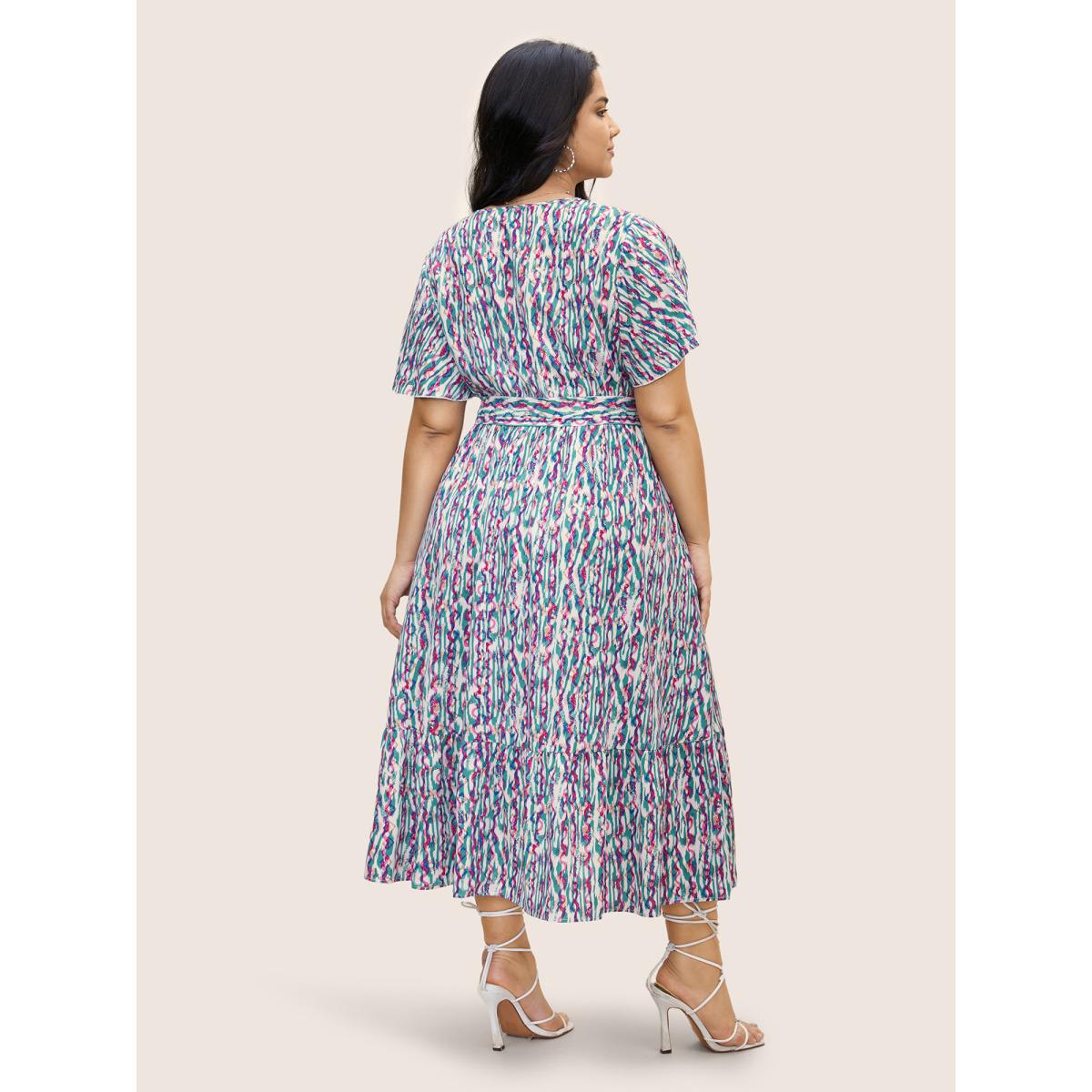 Plus Size V Neck Striped Belted Petal Sleeve Dress Turquoise Women Resort Belted V-neck Short sleeve Curvy BloomChic 12/L Product Image