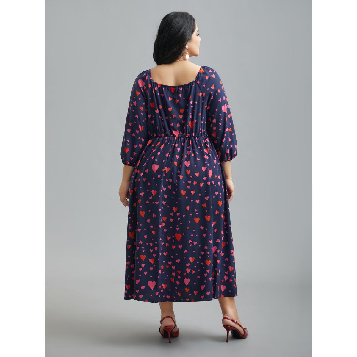 Plus Size Hearts Print Contrast Webbing Pocket Dress Navy Women Elegant Woven ribbon&lace trim Heart neckline Elbow-length sleeve Curvy BloomChic 22-24/3X Product Image