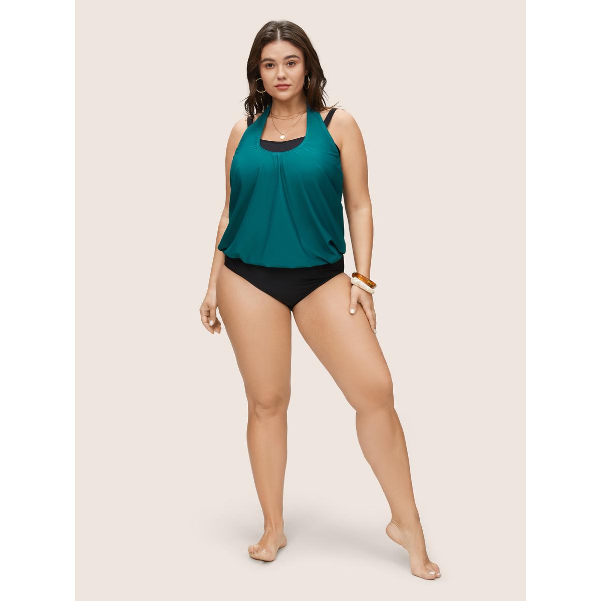 Plus Size Contrast Halter Bowknot Patchwork One Piece Swimsuit Women's Swimwear Teal Beach Non Curve Bathing Suits High stretch One Pieces BloomChic 12/L Product Image