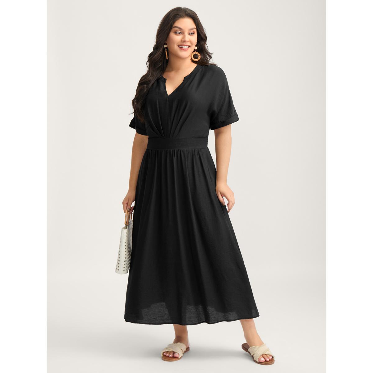 Plus Size Pleated Cinched Waist Solid Midi Dress Black Women V-neck Half Sleeve Curvy BloomChic 14-16/1X Product Image