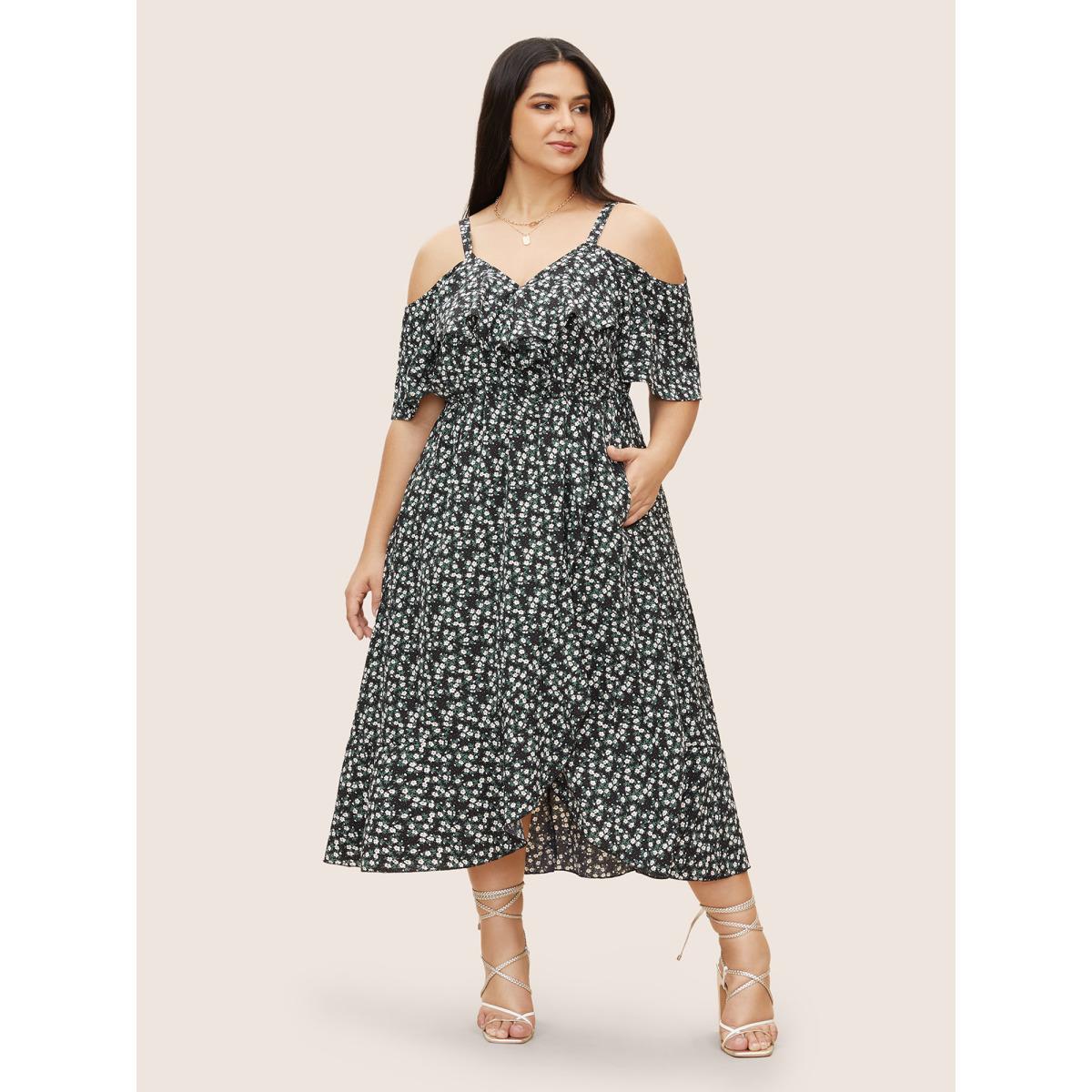 Plus Size Ditsy Floral Pocket Wrap Cold Shoulder Ruffle Dress Black Women Elegant Non Overlap Collar Short sleeve Curvy Midi Dress BloomChic 12/L Product Image