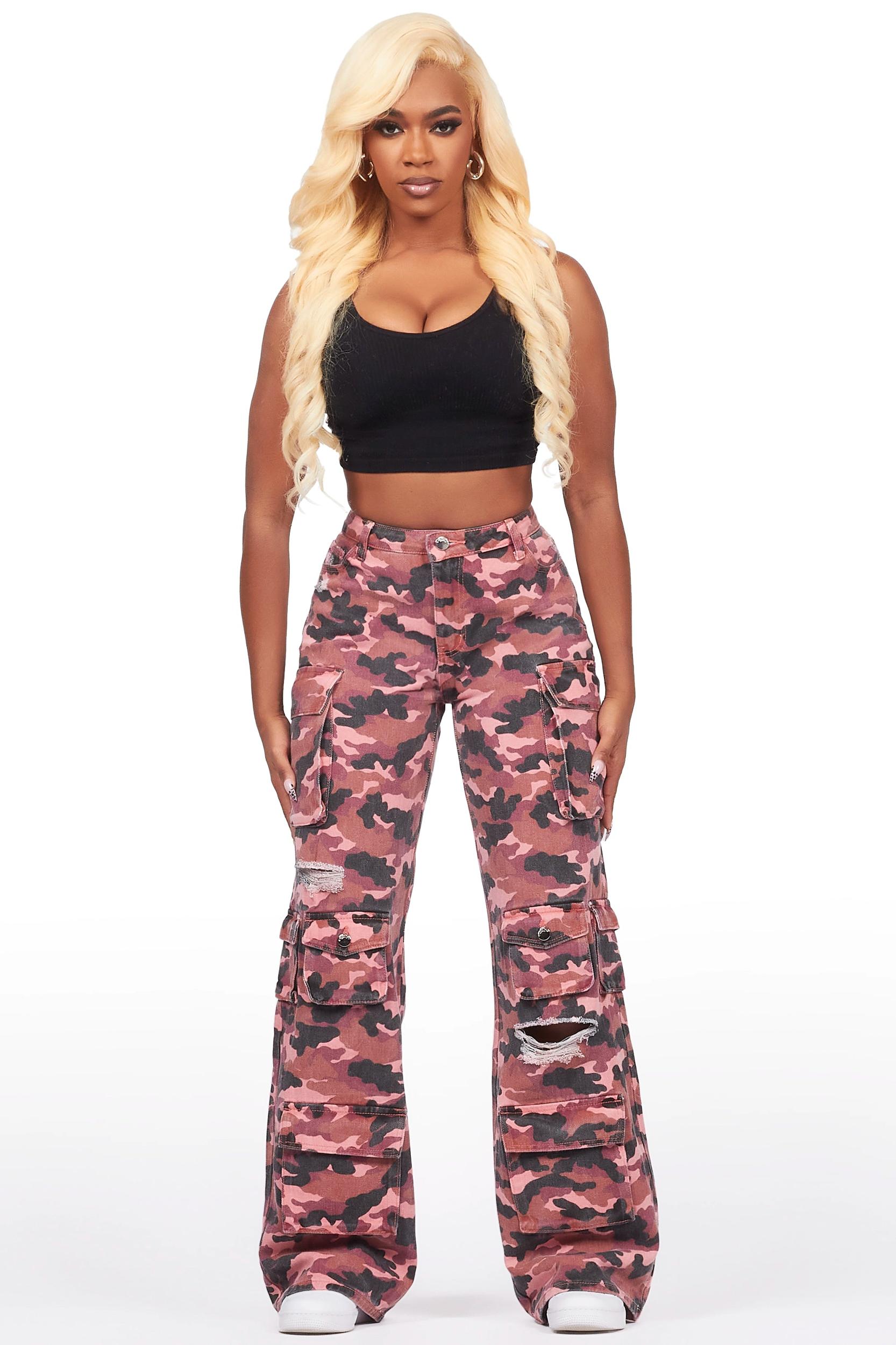 Jahmani Pink Camo Stretch Wide Leg Jean Female Product Image