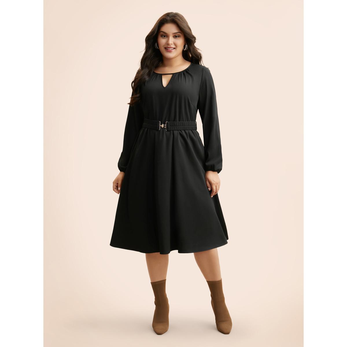Plus Size Keyhole Metal Detail Belted Midi Dress Black Women Elegant Gathered Round Neck Long Sleeve Curvy BloomChic 14-16/1X Product Image