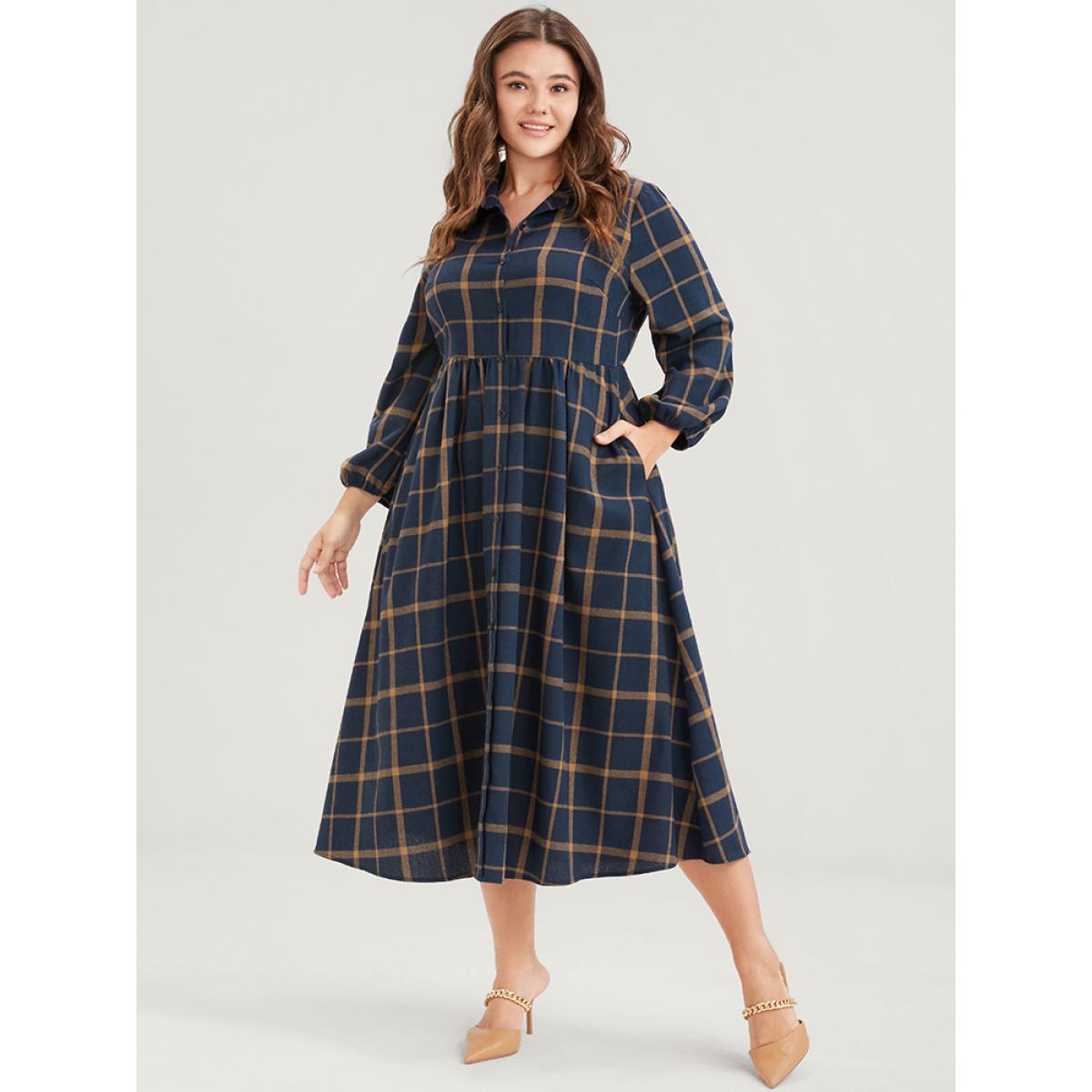 Plus Size Plaid Button Up Pocket Shirt Collar Flutter Hem Dress Without Belt DarkBlue Women Office Slit Shirt collar Long Sleeve Curvy Midi Dress BloomChic 14-16/1X Product Image