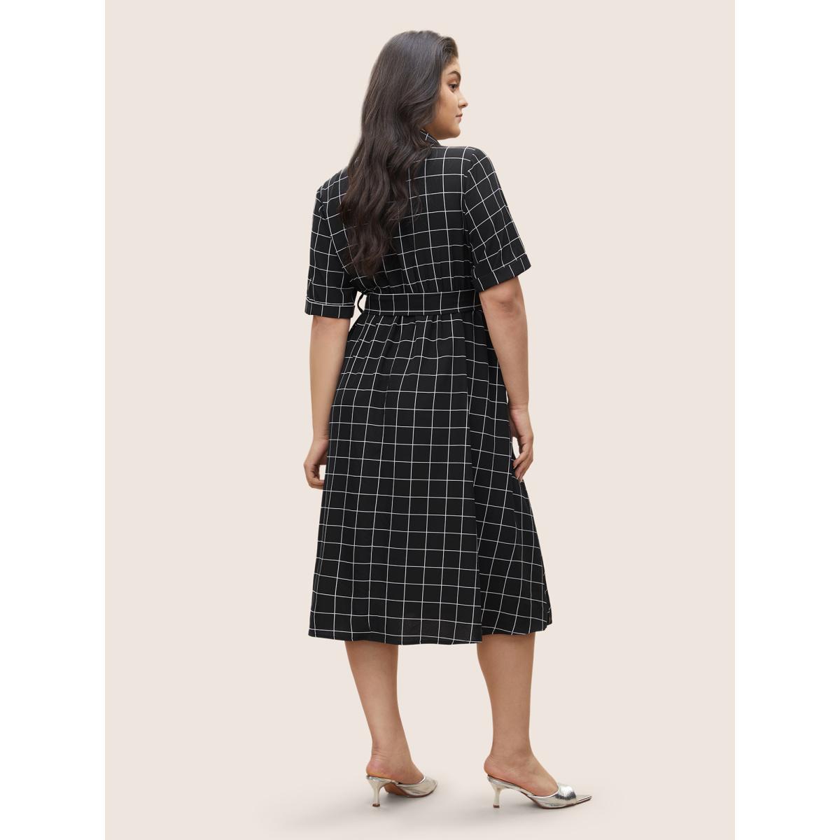 Plus Size Plaid Belted Shirt Collar Cuffed Sleeve Dress Black Women At the Office Non Shirt collar Short sleeve Curvy Midi Dress BloomChic 12/L Product Image