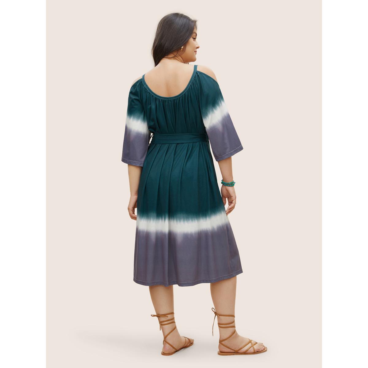 Plus Size Tie Dye Gathered Cold Shoulder Belted Dress Teal Women Resort Non U-neck Elbow-length sleeve Curvy Midi Dress BloomChic 22-24/3X Product Image