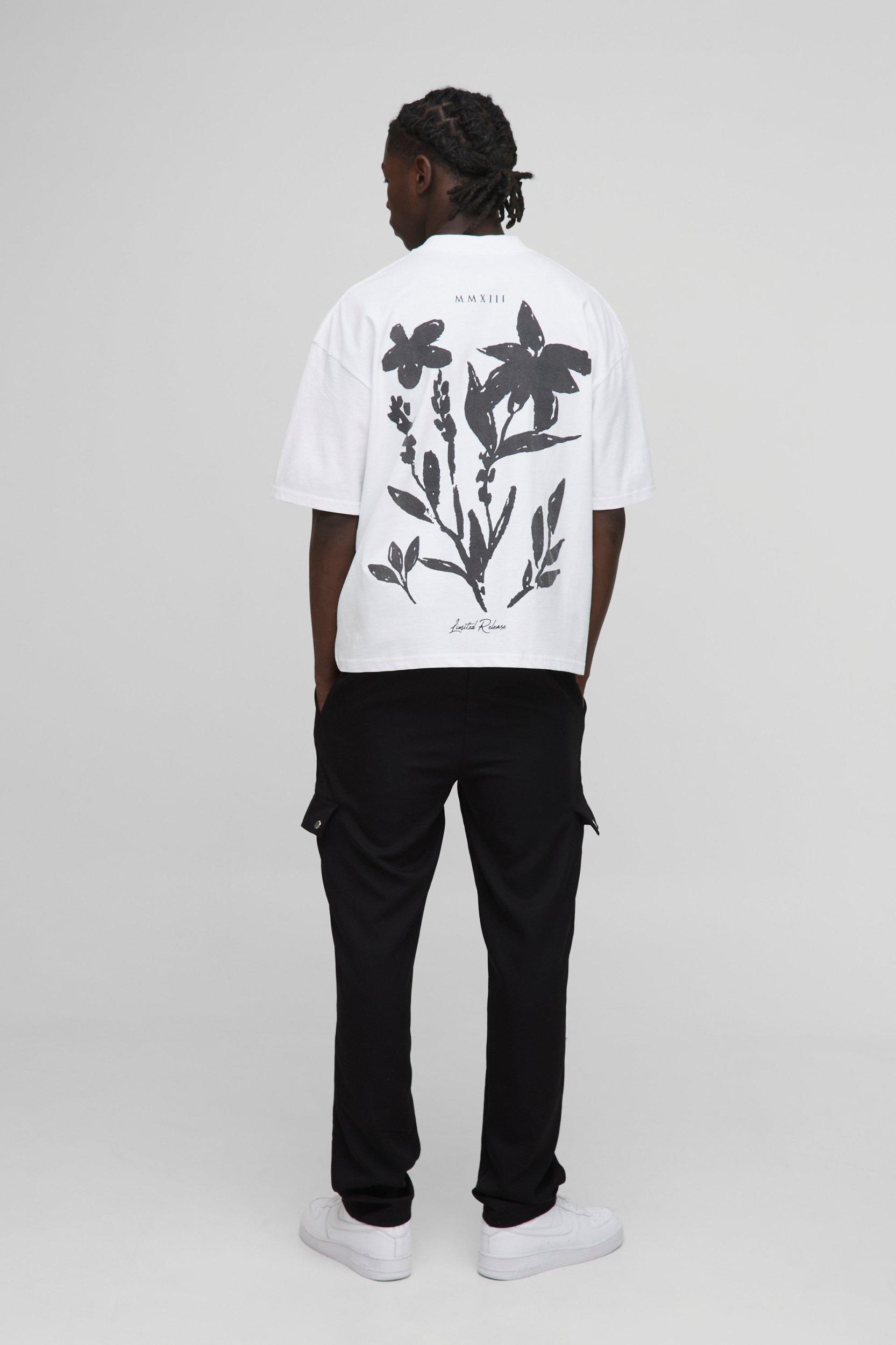 Oversized Boxy Extended Neck Floral Flock Print T-Shirt | boohooMAN USA Product Image