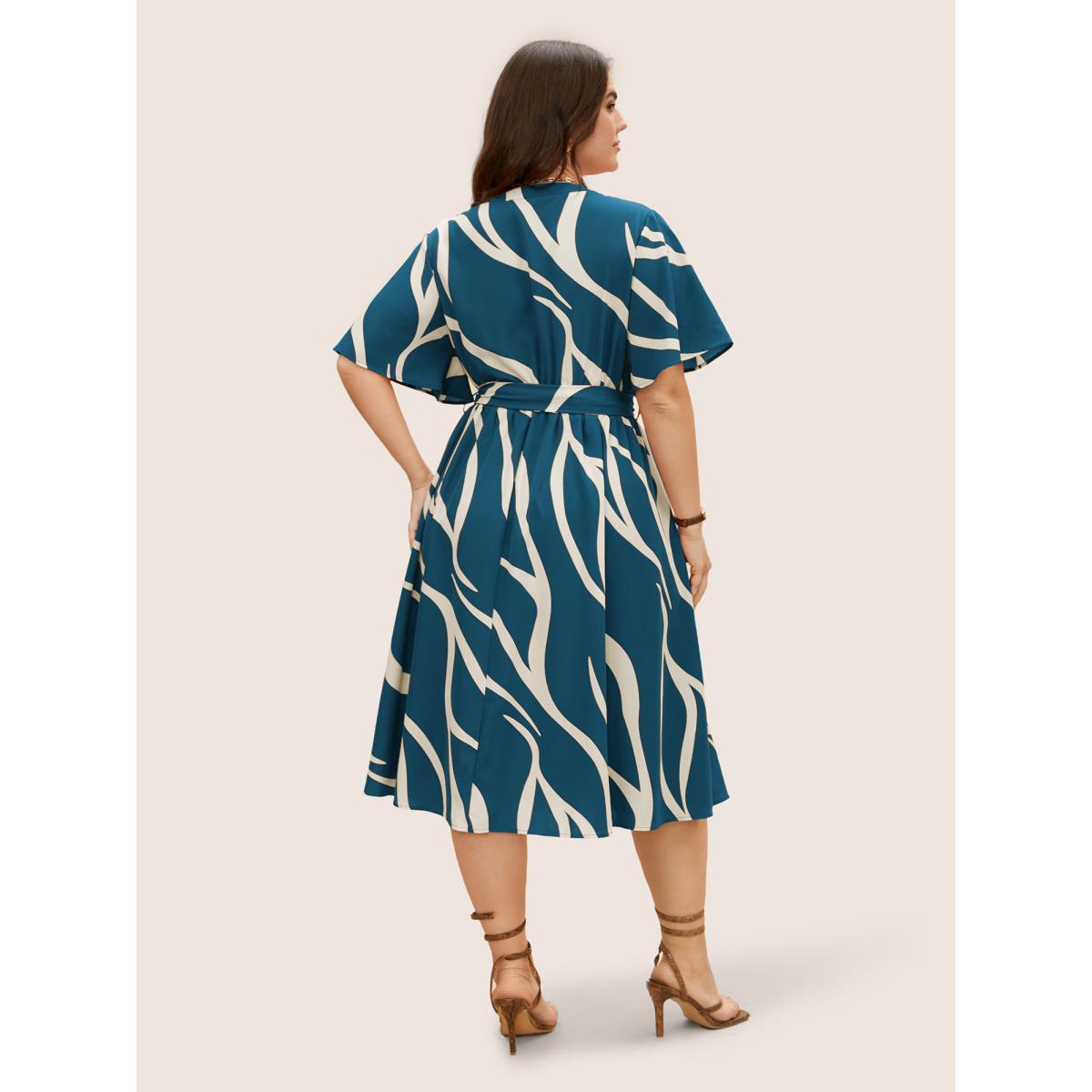 Plus Size Geometric Surplice Neck Tie Knot Midi Dress Aegean Women Office Belted Flat collar with V-notch Short sleeve Curvy BloomChic 14-16/1X Product Image