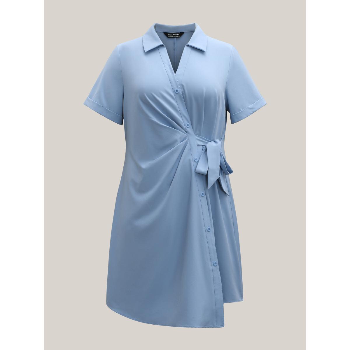 Plus Size Woven Knotted Solid Shirt Dress Stone Women Shirt collar Short sleeve Curvy BloomChic 10/M Product Image