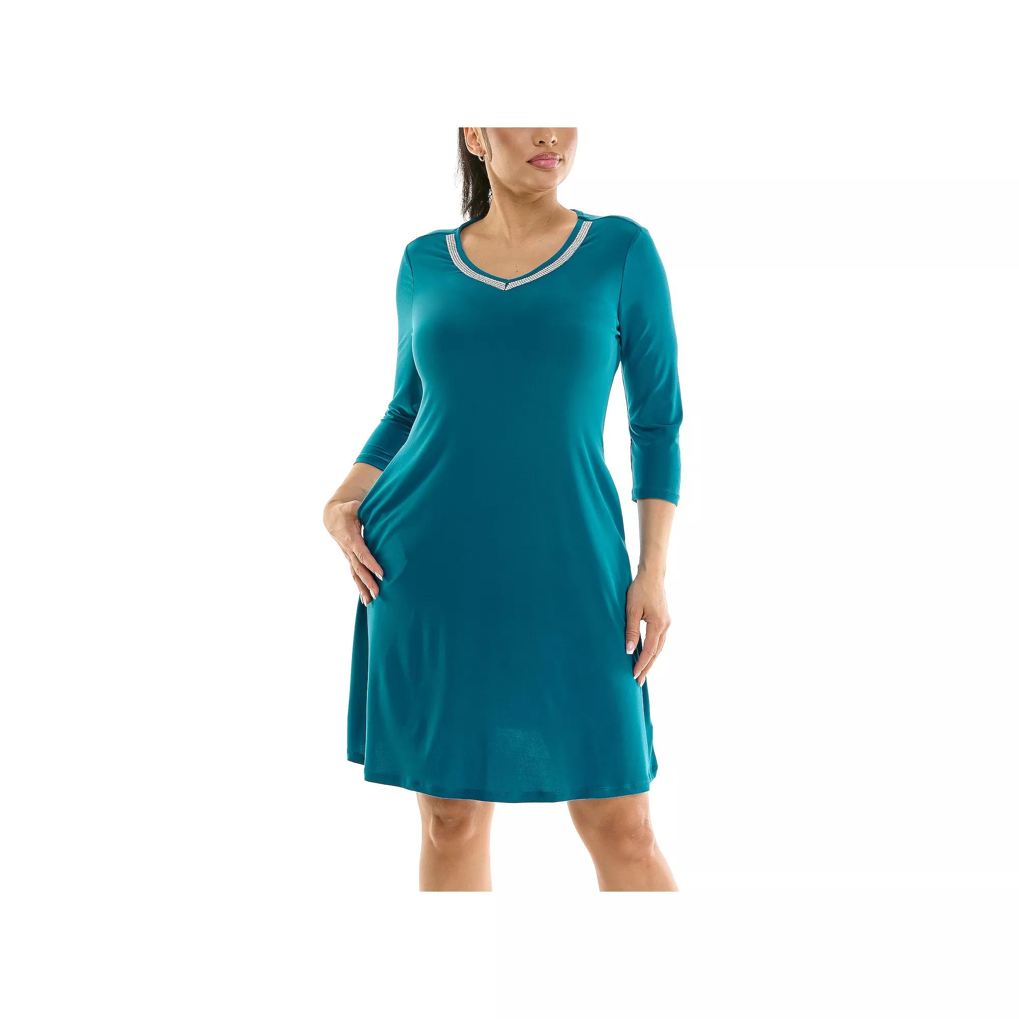 Women's Nina Leonard Necklace Trim Pocket Dress,  Product Image