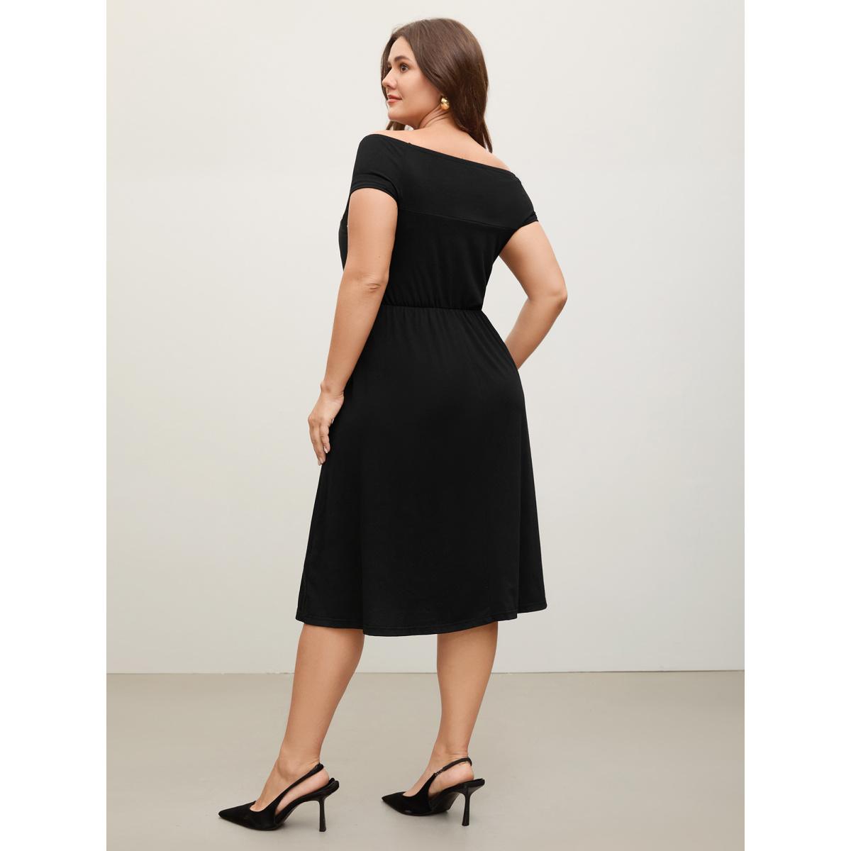 Plus Size Twist Front Off-Shoulder Pockets Midi Dress Black Women Office One-shoulder neck Cap Sleeve Curvy BloomChic 12/L Product Image