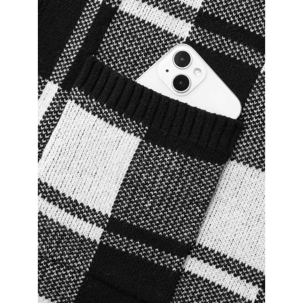 Plus Size Kimono Collar Plaid Slit Hem Cardigan Black Women Leisure Loose Long Sleeve Casual Cardigans BloomChic 10/M Product Image