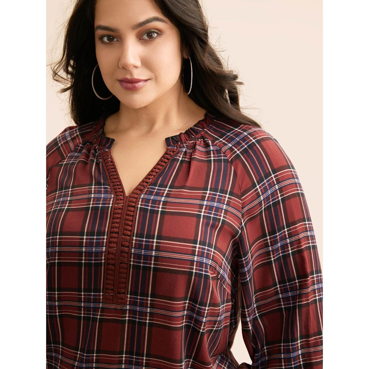 Plus Size Browncoffeecolor Plaid Contrast Webbing Ruffle Trim Blouse Women Elegant Long Sleeve Flat collar with V-notch Everyday Blouses BloomChic 12/L Product Image