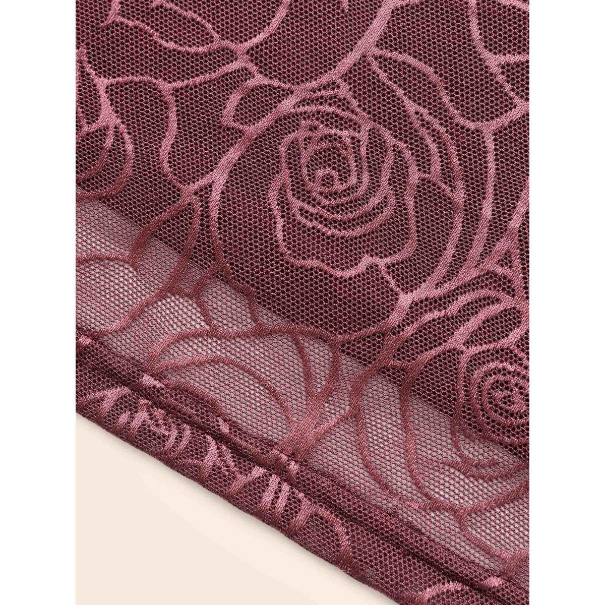 Plus Size Floral Textured Mesh Elastic Waist Skirt Women Deepred Casual See through Medium stretch Everyday Skirts BloomChic 14-16/1X Product Image