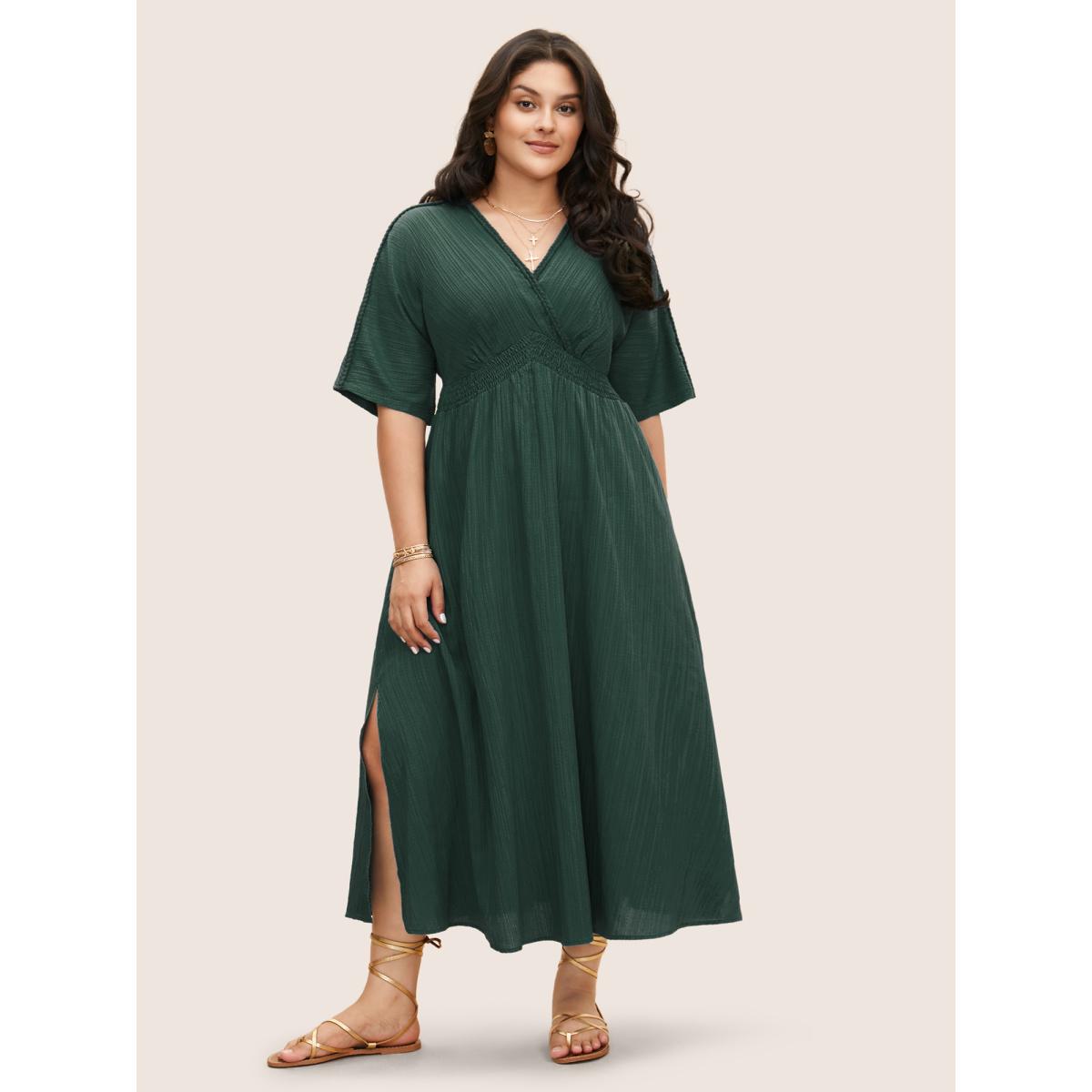 Plus Size V Neck Shirred Contrast Webbing Split Side Dress DarkGreen Women Boho Texture V-neck Half Sleeve Curvy BloomChic 12/L Product Image