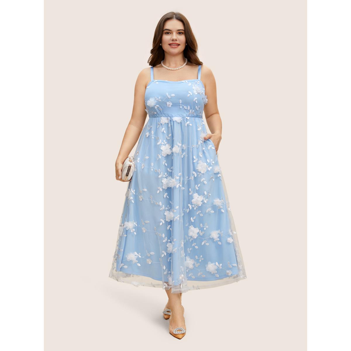 Plus Size Mesh Floral Embroidered Woven Ribbon Cami Dress LightBlue Women Formal Woven ribbon&lace trim Square Neck Sleeveless Curvy BloomChic 12/L Product Image