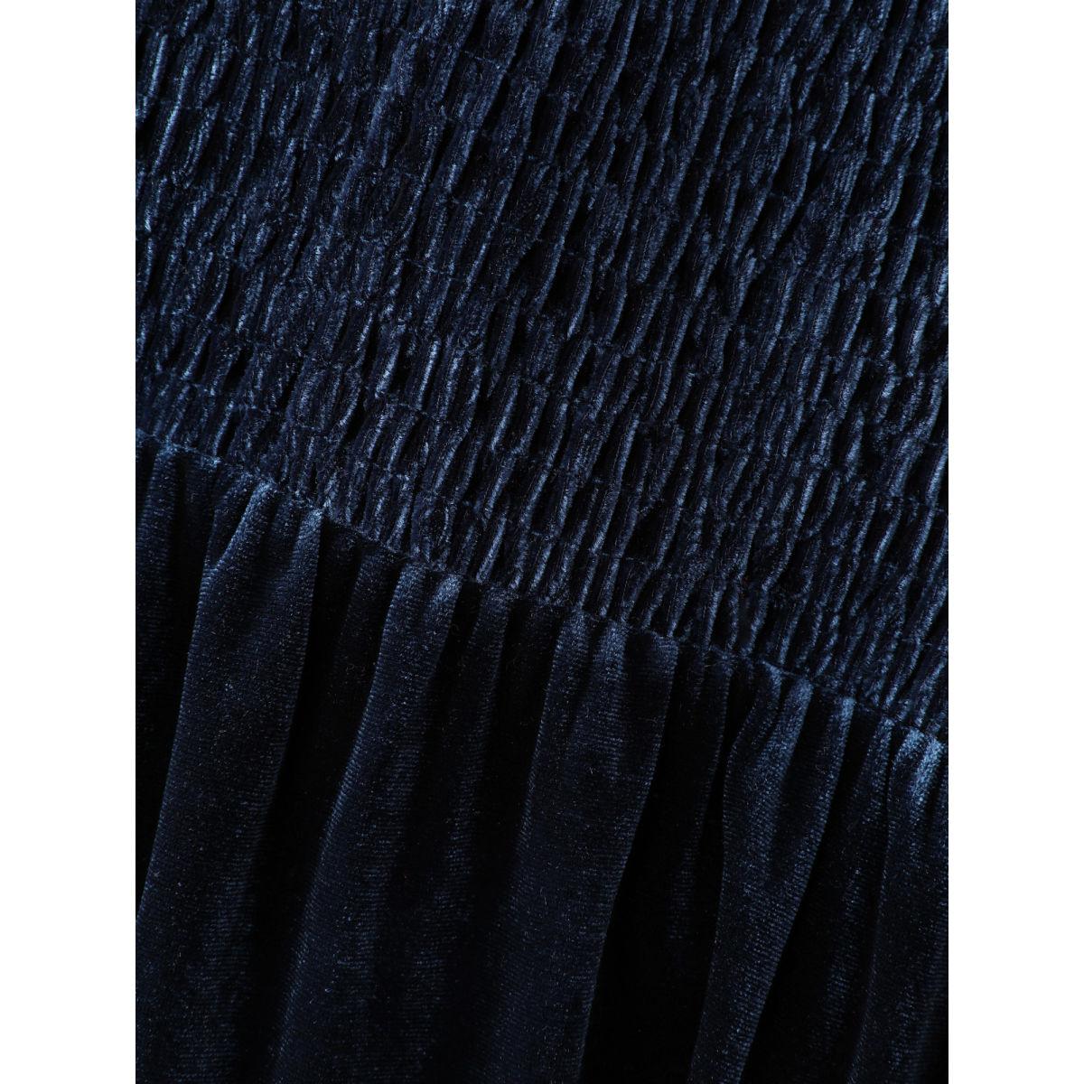 Plus Size Velvet Lace Trim Stitch Shirred Midi Dress Indigo Women Retro Gathered Square Neck Long Sleeve Curvy BloomChic 30/6X Product Image