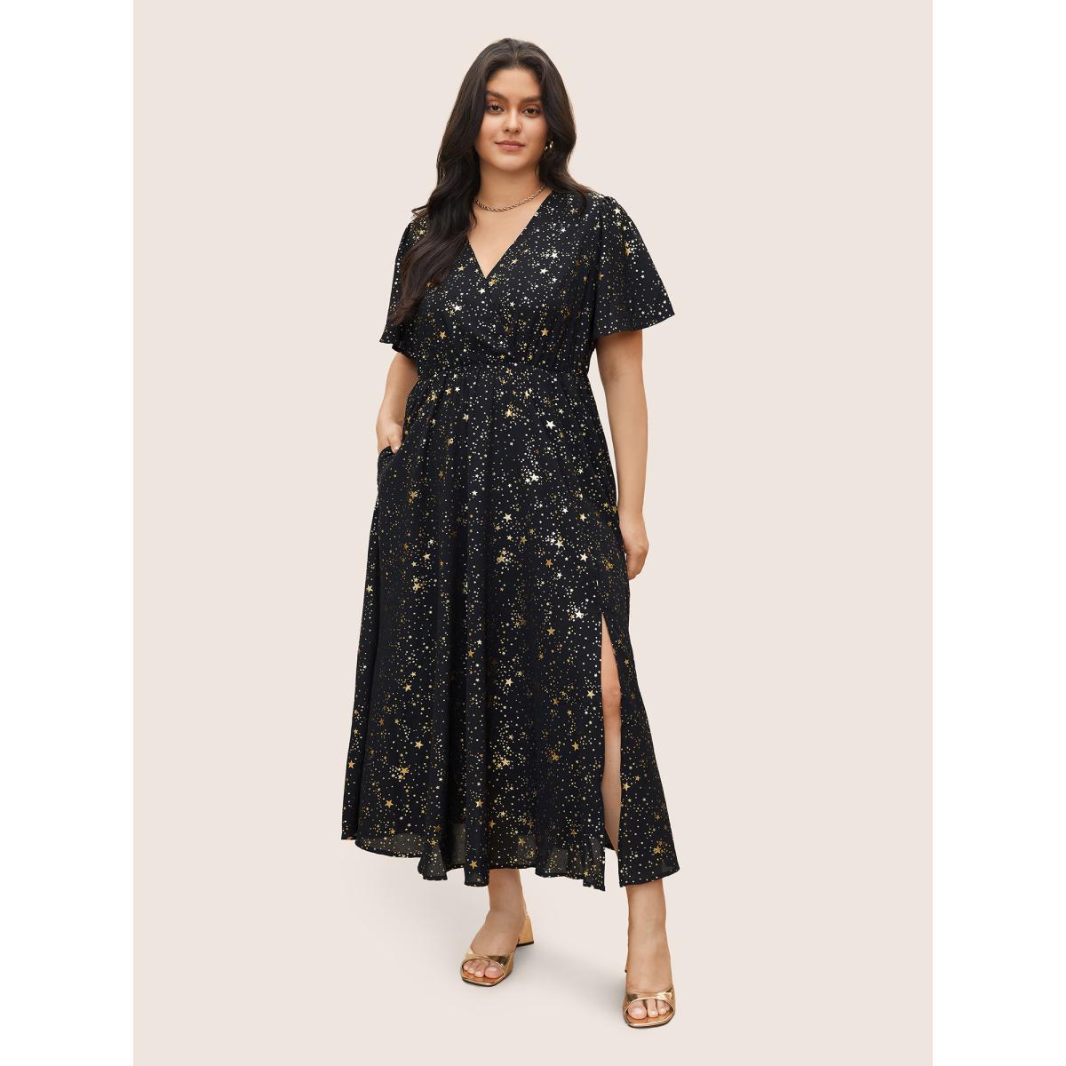 Moon and Star Galaxy Print Plus Size Dress Women Party Pocket Ruffle Sleeve Short Sleeve V Neck Pocket Going out Long Dress BloomChic Product Image