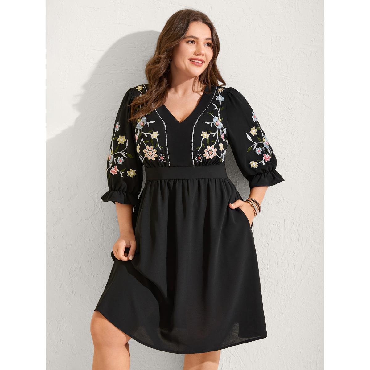 Plus Size Floral Embroidered V-Neck Pockets Knee Dress Black Women Boho V-neck Elbow-length sleeve Curvy BloomChic 18-20/2X Product Image