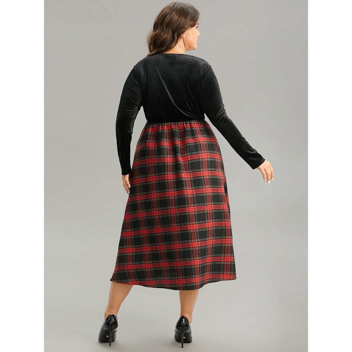 Plus Size Christmas Plaid Velvet Belted Contrast Notched Dress Black Women At the Office Velvet Notched collar Long Sleeve Curvy Midi Dress BloomChic 18-20/2X Product Image
