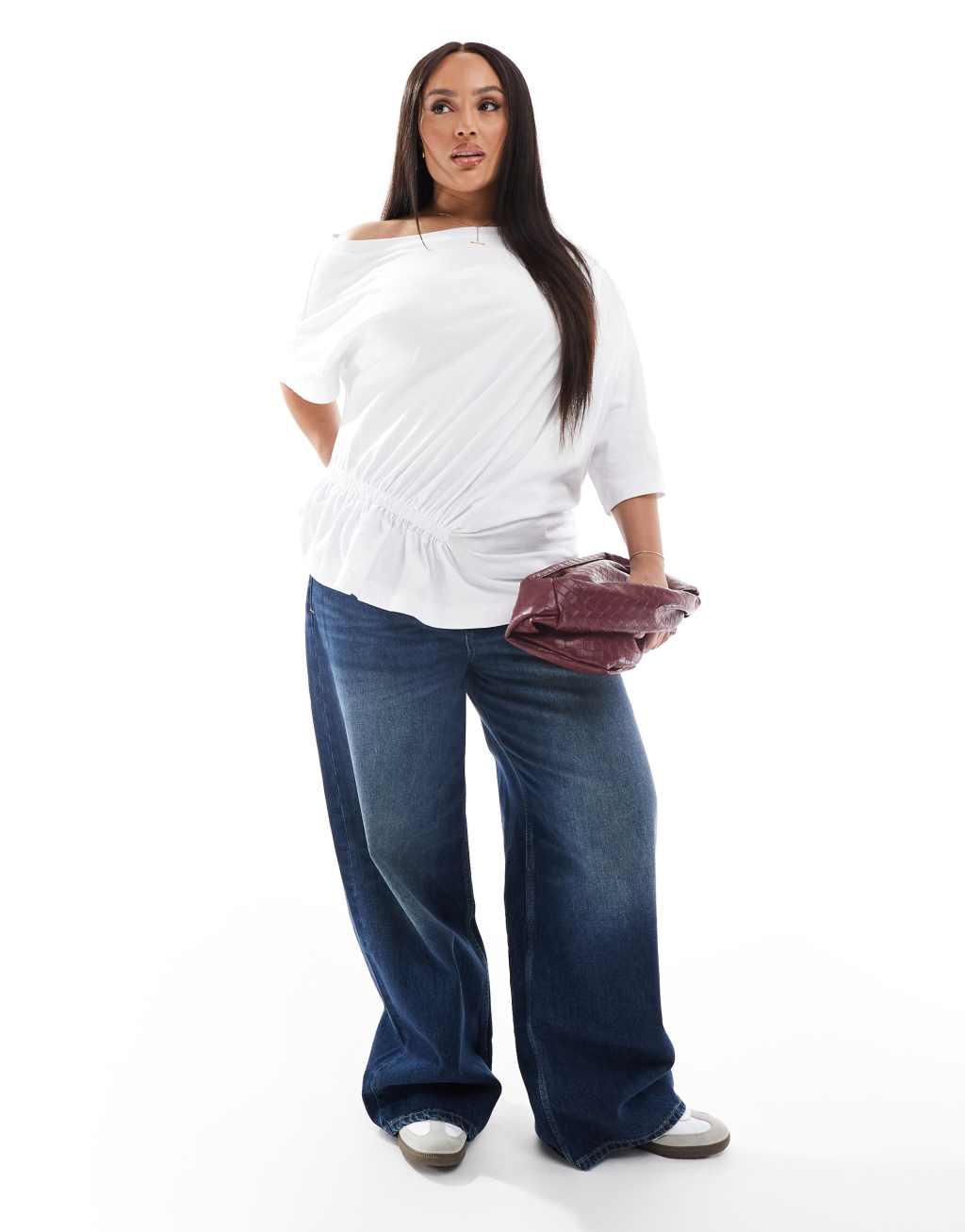 ASOS DESIGN Curve off shoulder T-shirt with elastic ruched detail in white Product Image