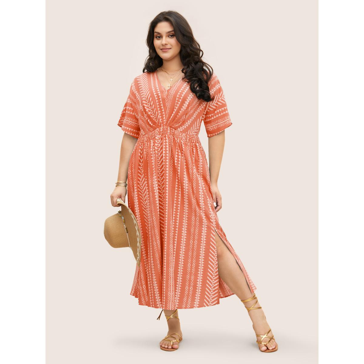 Plus Size Solid Geometric Dolman Sleeve Pocket Shirred Split Hem Dress Salmon Women Boho Non V-neck Half Sleeve Curvy Long Dress BloomChic 18-20/2X Product Image
