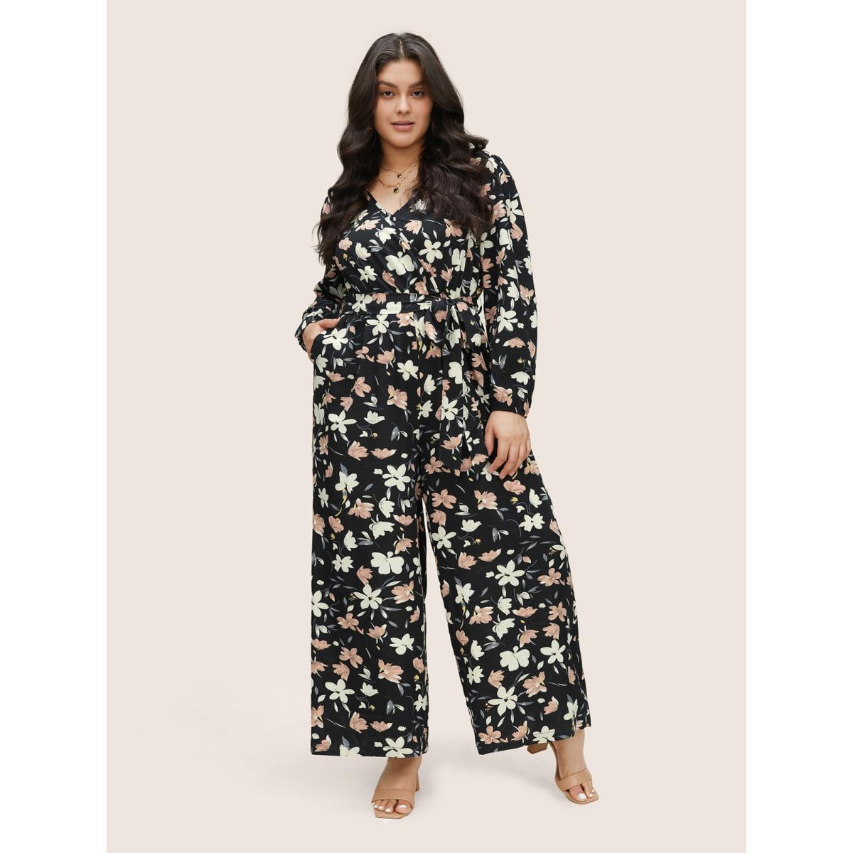 Plus Size Black Floral Elastic Waist Belted Wrap Jumpsuit Women Elegant Long Sleeve Overlap Collar Everyday Loose Jumpsuits BloomChic 14-16/1X Product Image