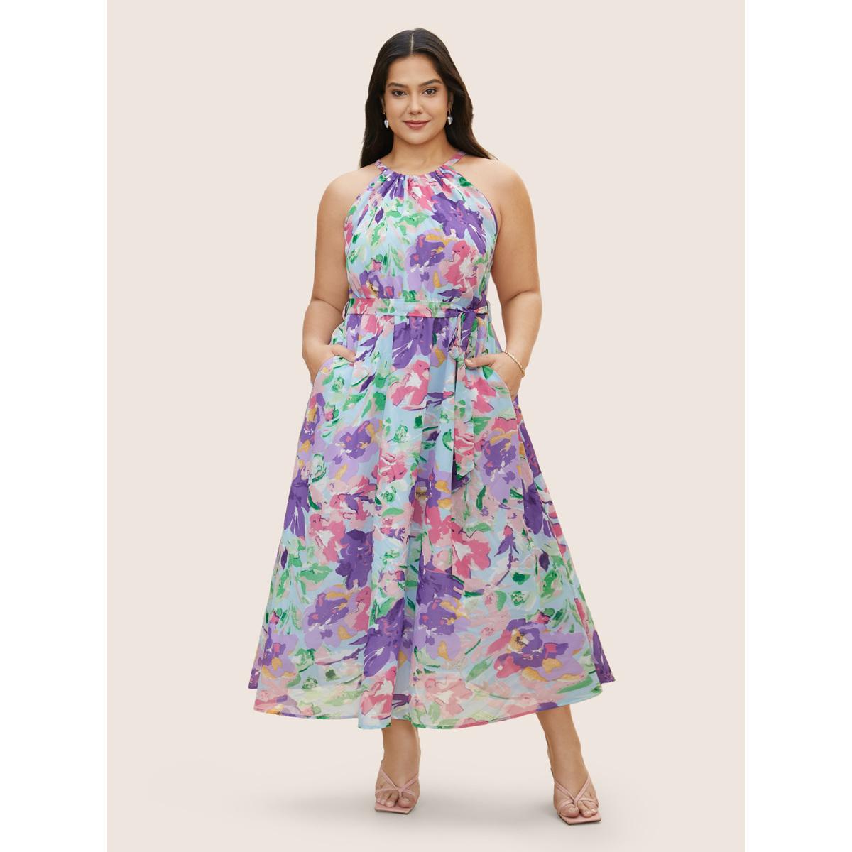 Plus Size Halter Neck Watercolor Floral Belted Dress LightBlue Women Elegant Gathered Halter neck Sleeveless Curvy BloomChic 18-20/2X Product Image