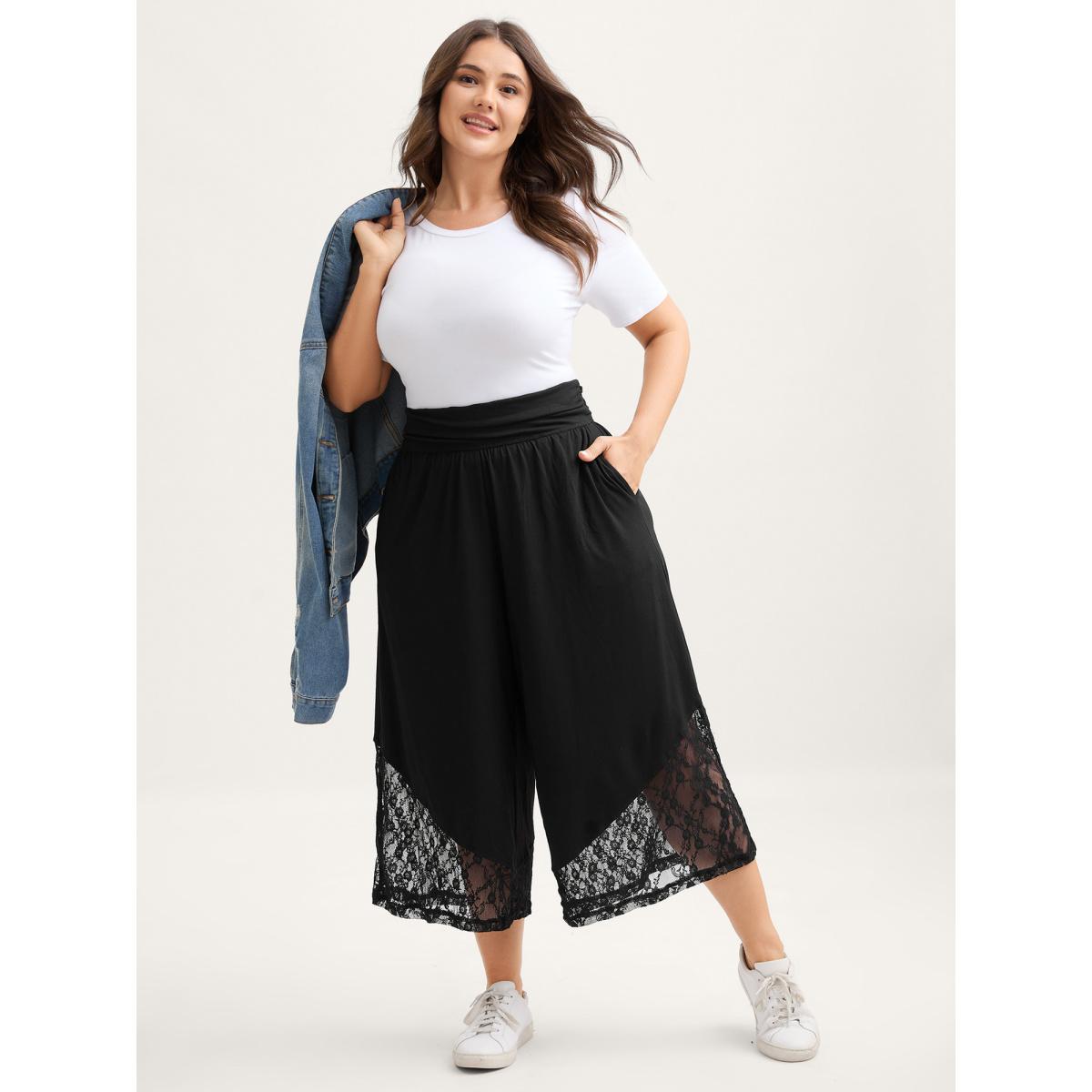 Plus Size Wide Waist Sheer Lace Wide-Leg Pants Women Black Casual Loose Mid Rise Casual Pants BloomChic 22-24/3X Product Image