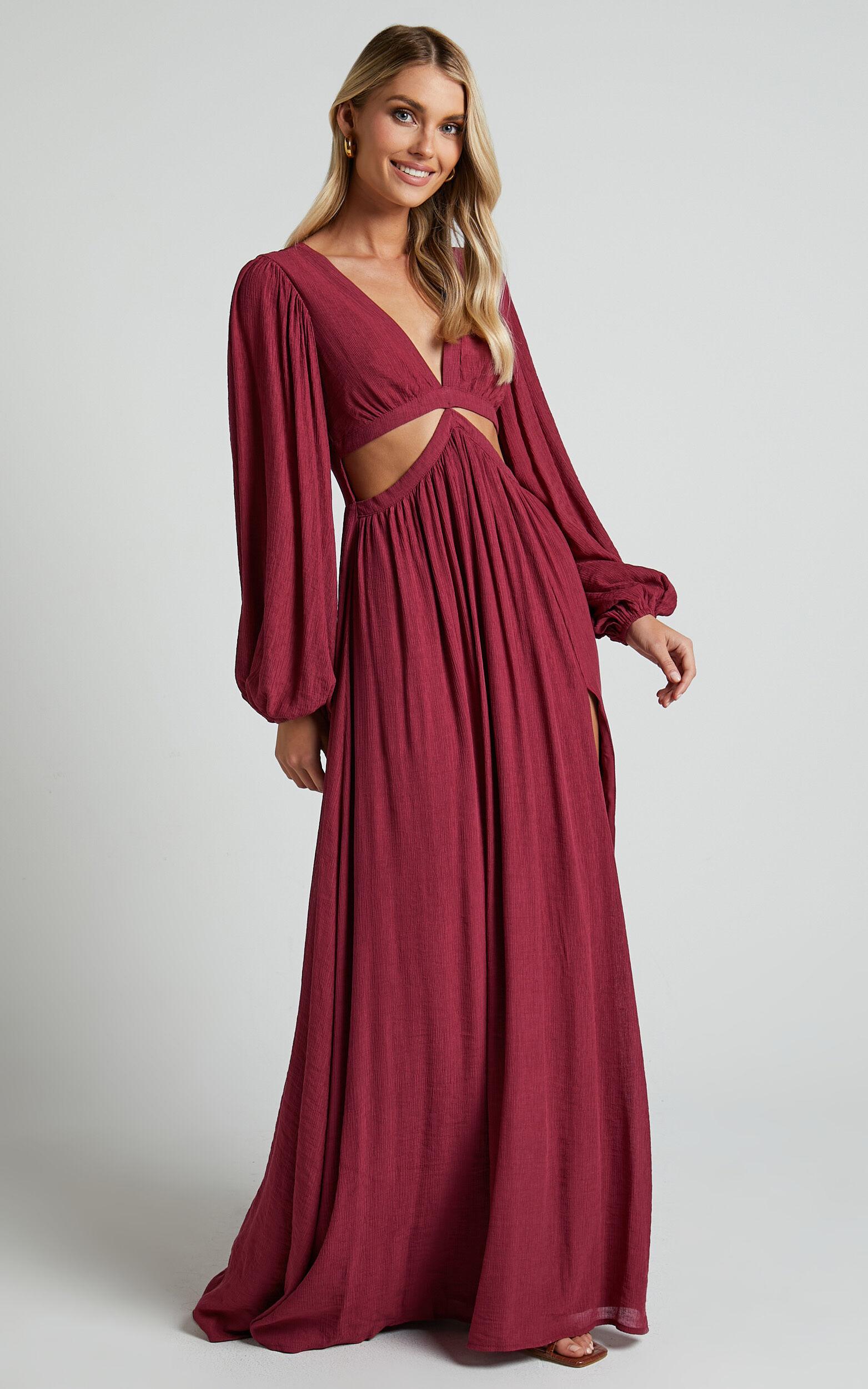 Paige Maxi Dress - Side Cut Out Balloon Sleeve Dress in Mulberry Product Image