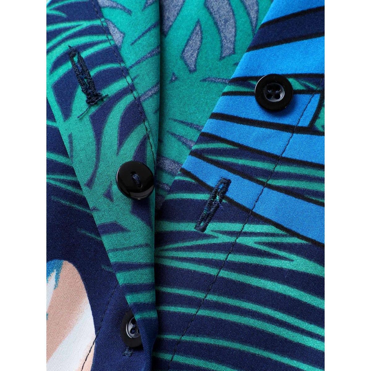 Plus Size Tropical Print Stretchy Waist Pockets Midi Dress Indigo Women Shirt collar Short sleeve Curvy BloomChic 22-24/3X Product Image