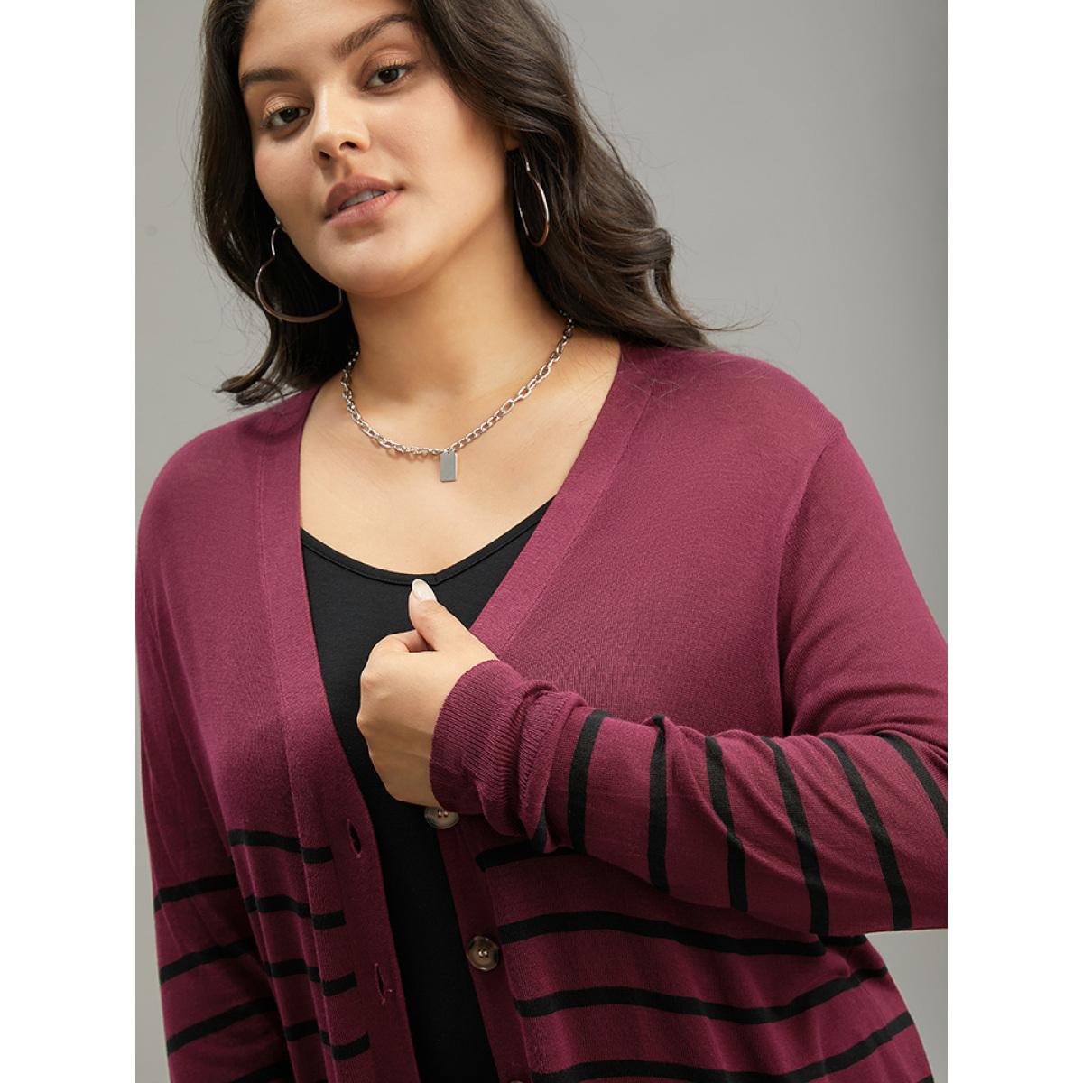 Plus Size Supersoft Essentials Striped Button Fly Tunic Cardigan Burgundy Women Casual Loose Long Sleeve Dailywear Cardigans BloomChic 22-24/3X Product Image