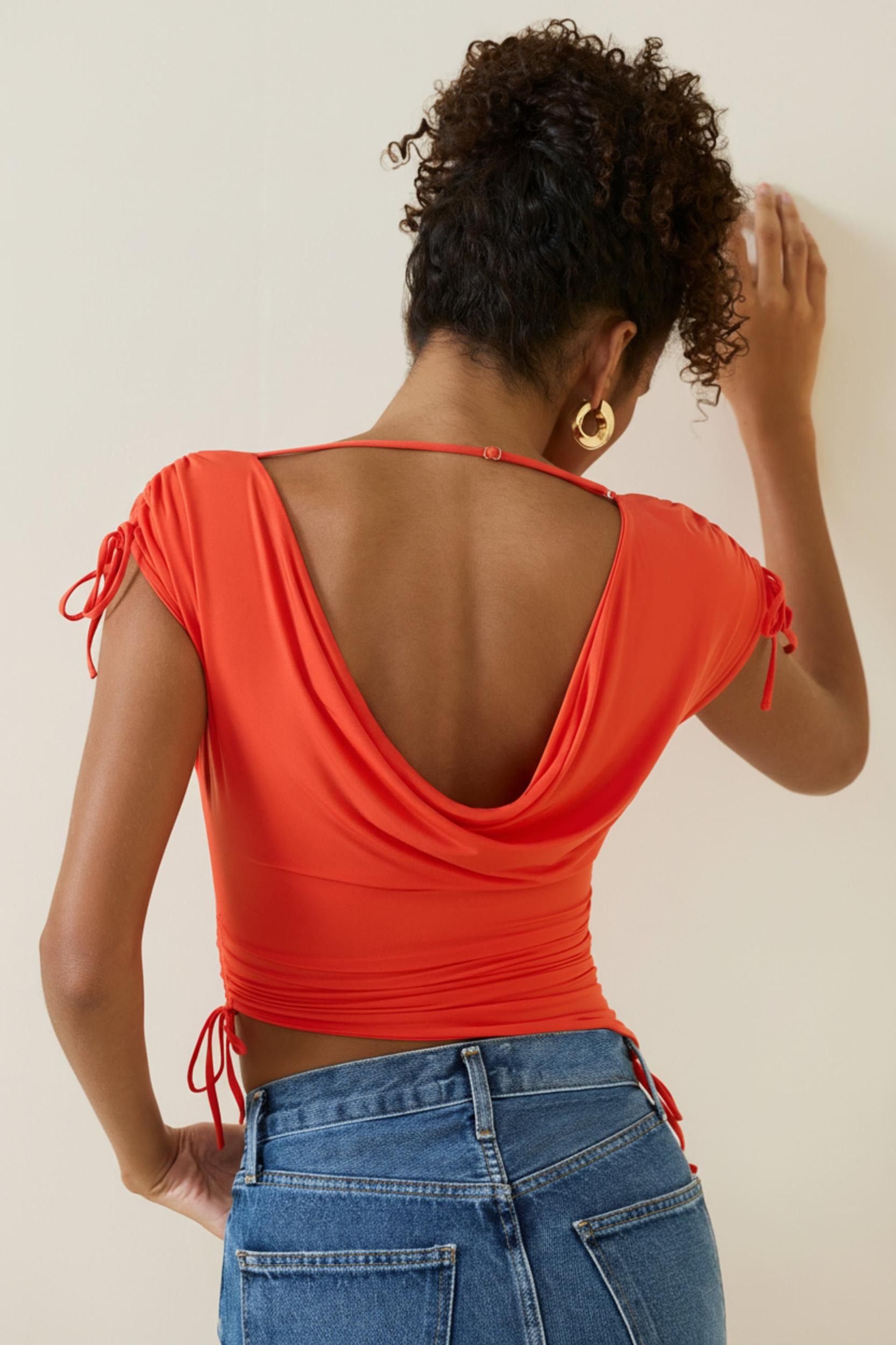 Asymmetric Ruched Cowl-Back Crop Top in Scarlet Female Product Image