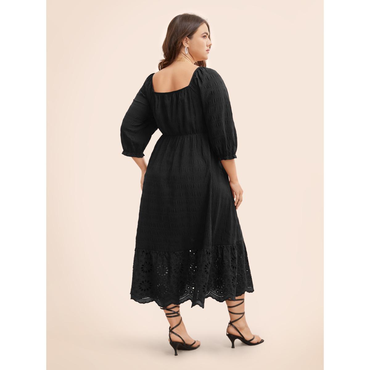 Plus Size Square Neck Broderie Anglaise Patchwork Shirred Dress Black Women Elegant Woven ribbon&lace trim Square Neck Elbow-length sleeve Curvy BloomChic 10/M Product Image