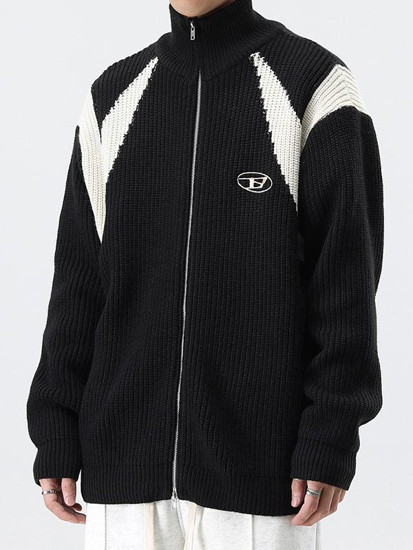 Men's Contrast Color Patchwork Zip Up Sweater Product Image
