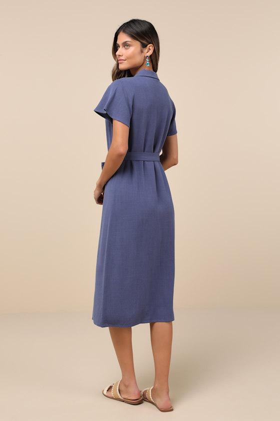 Italian Summer Dark Blue Linen Button-Up Short Sleeve Midi Dress Product Image
