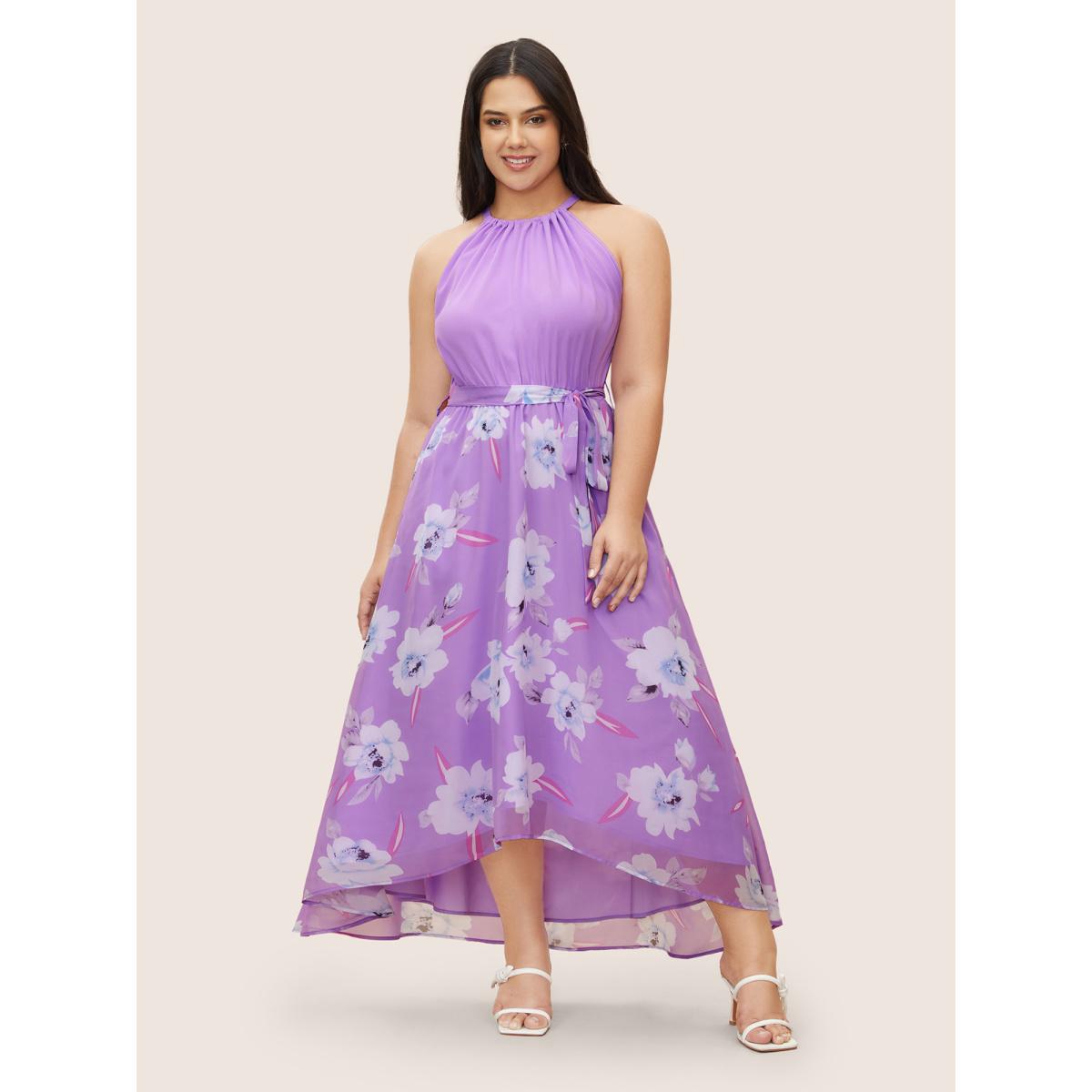 Plus Size Floral Patchwork Halter Ties High Low Hem Dress Lilac Women Elegant Non Halter neck Sleeveless Curvy Midi Dress BloomChic 22-24/3X Product Image
