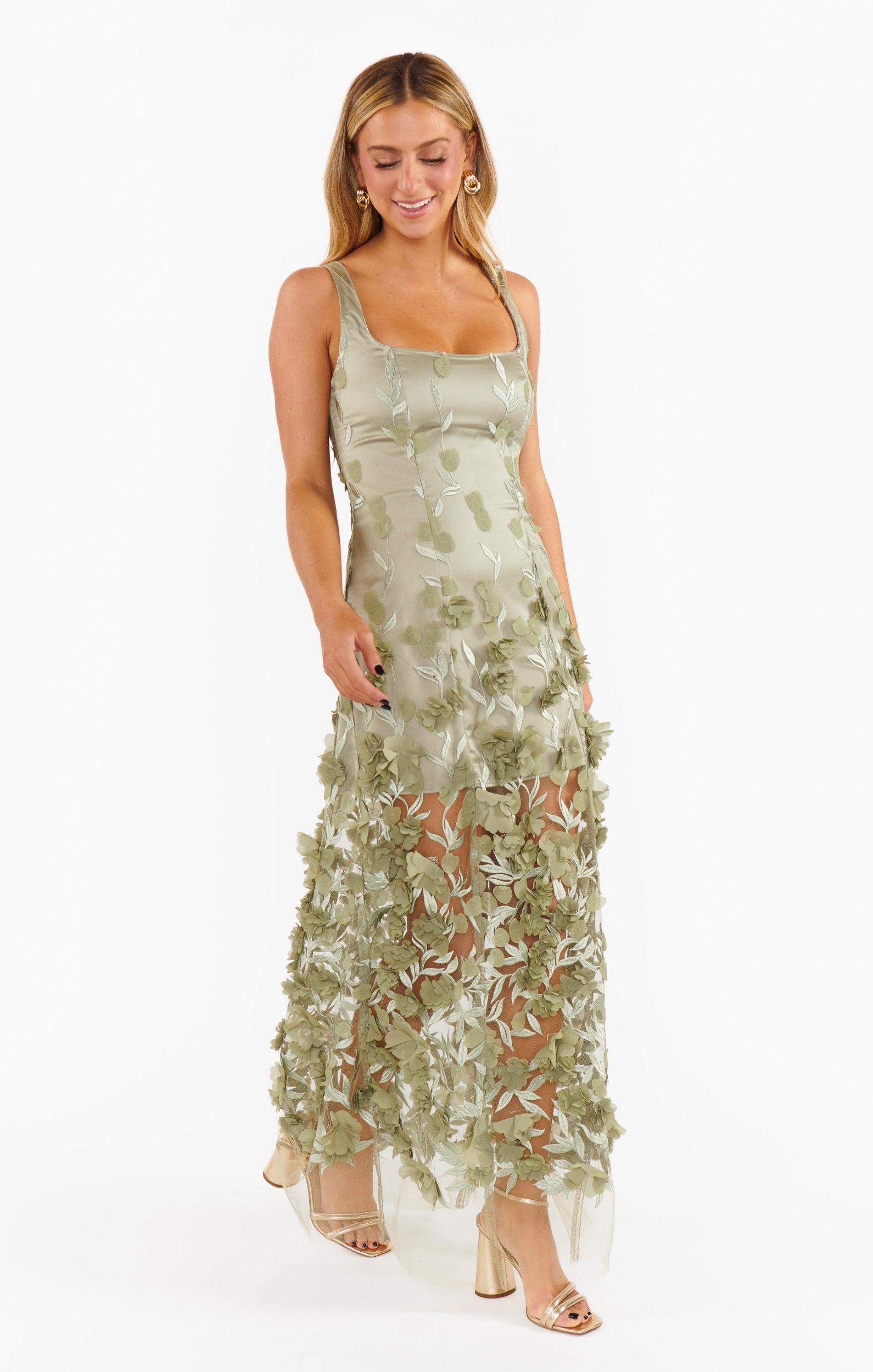 Stephanie Dress ~ Moss Green 3D Floral Product Image