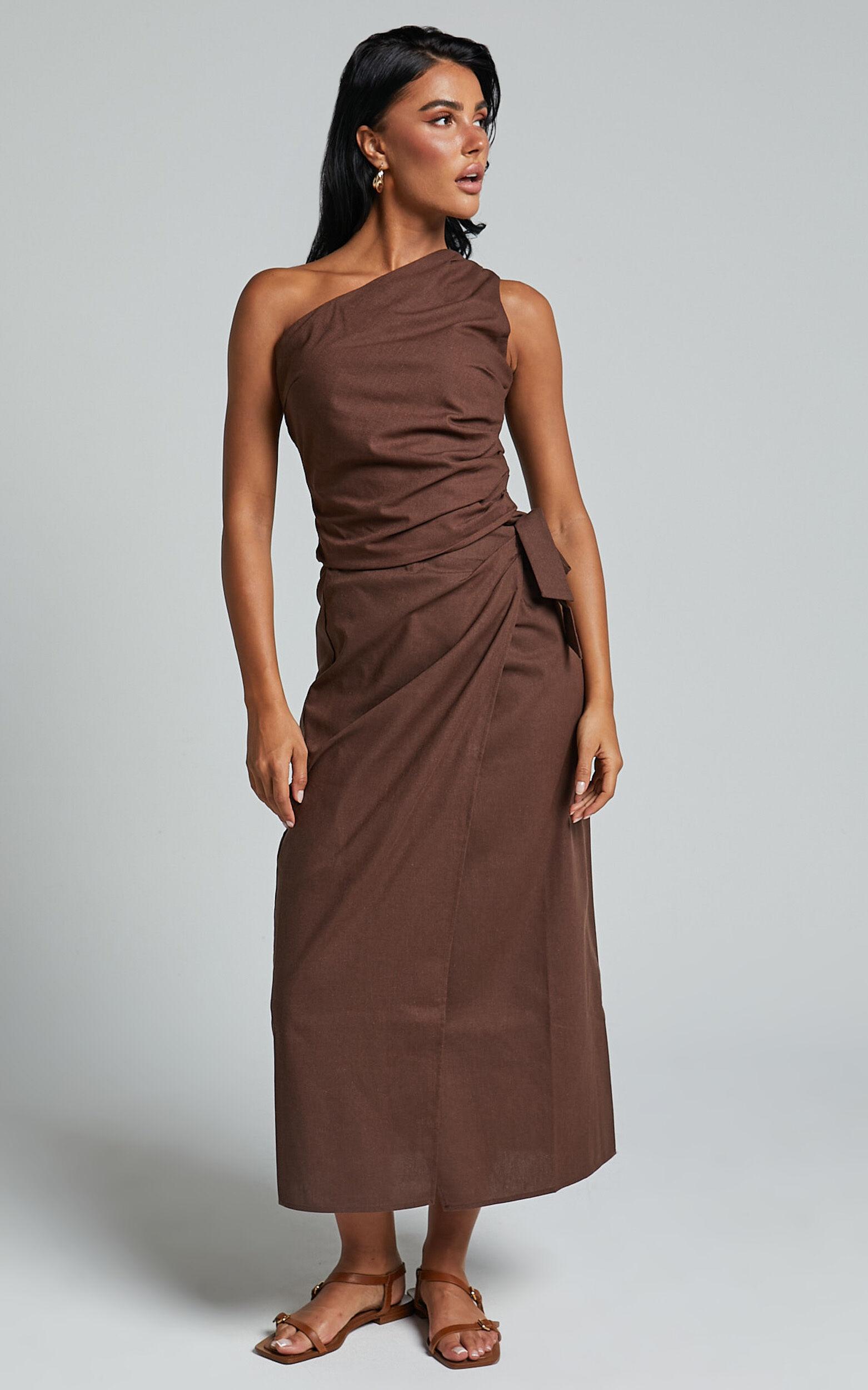 Genna Midi Skirt - Linen Look Wrap Skirt in Chocolate Product Image