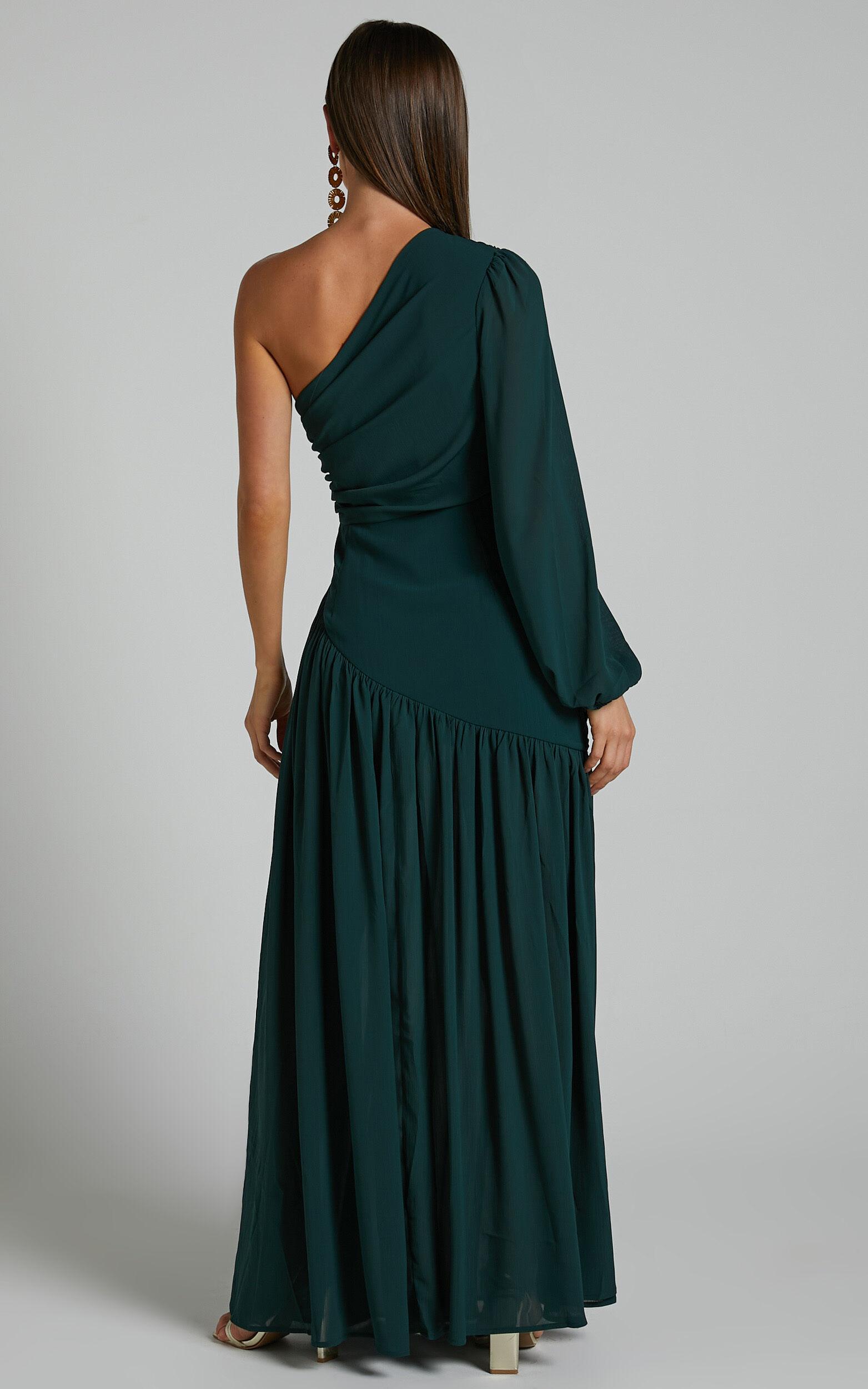 Grittah Midi Dress - One Shoulder Bishop Sleeve High Split Ruched Dress in Emerald Product Image