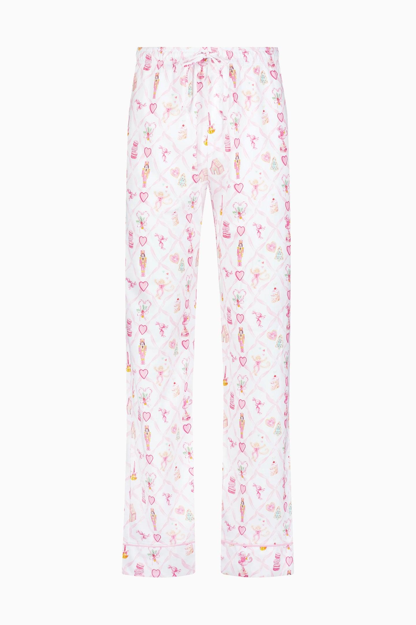 LoveShackFancy x Roller Rabbit Mens Sugarplum Lattice Long Sleeve Polo Pajamas - PINK / S Product Image