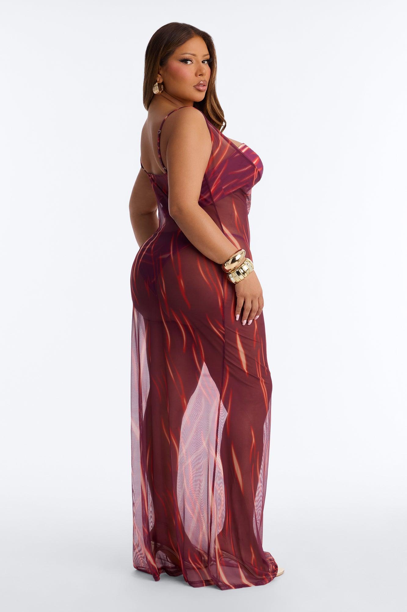 Soul On Fire 3 Piece Bandeau Bikini & Cover Up Plunge Maxi Dress - Red/combo Female Product Image