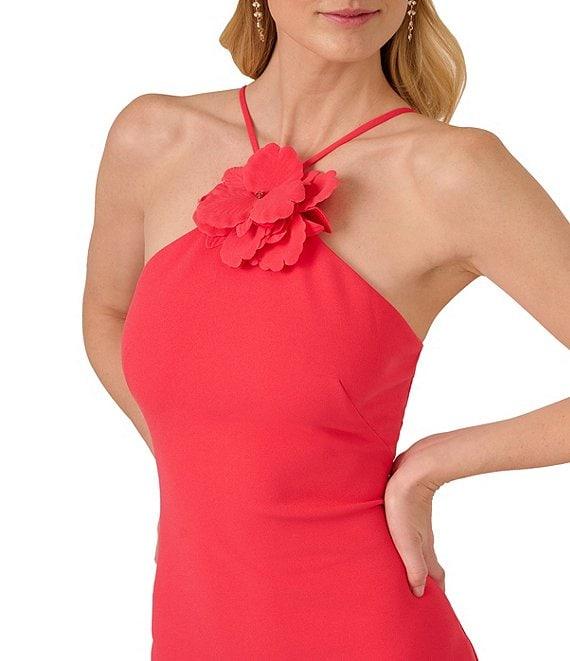 Adrianna Papell 3D Flower Applique Halter Sleeveless Crepe Sheath Midi Dress Product Image