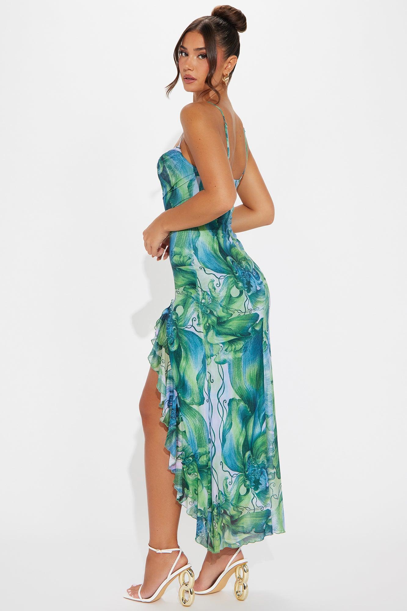 Maria Mesh Ruffle Maxi Dress - Green/combo Product Image