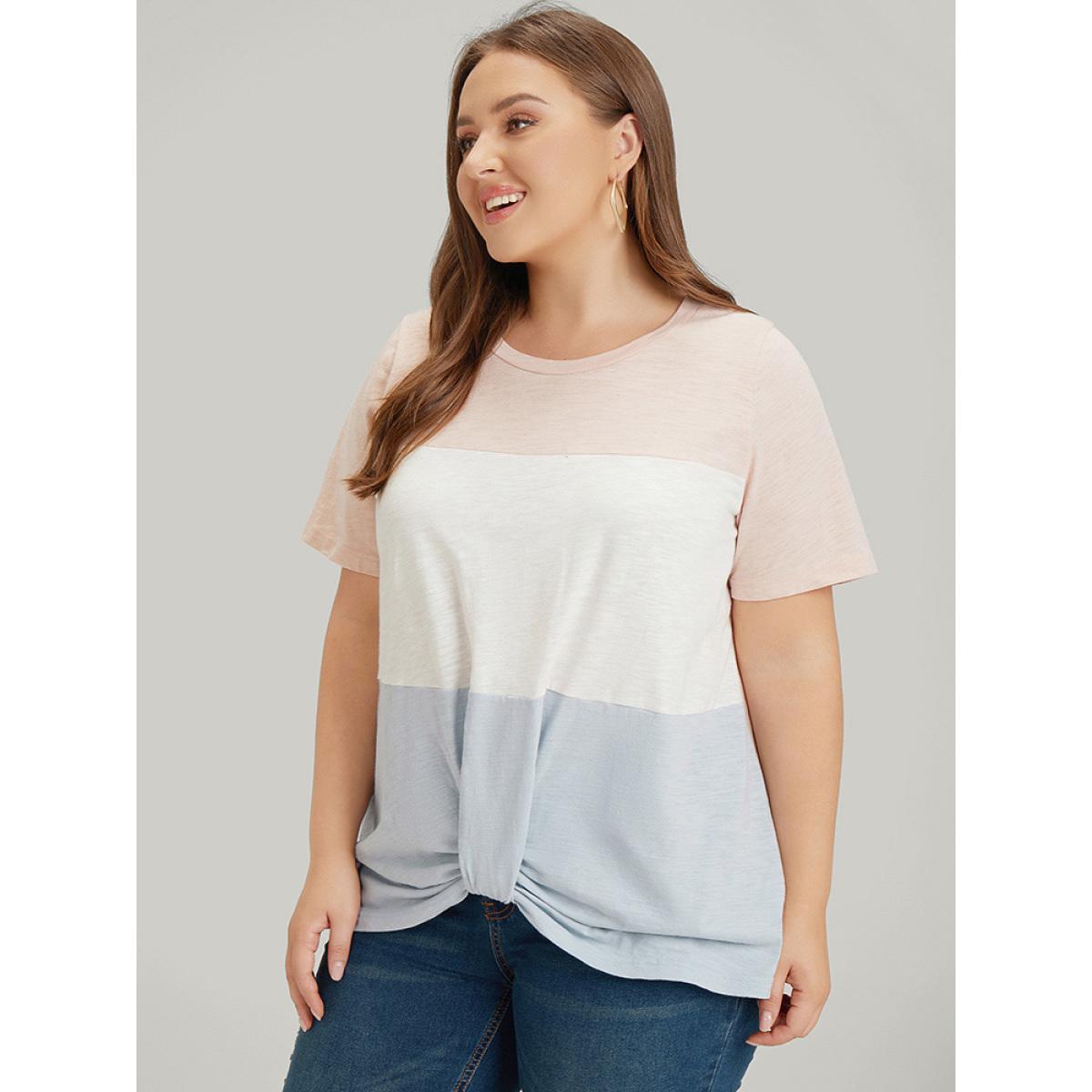 Plus Size Colorblock Contrast Heather Twist Hem T-shirt Multicolor Women Casual Heather Colorblock Round Neck Dailywear T-shirts BloomChic 12/L Product Image